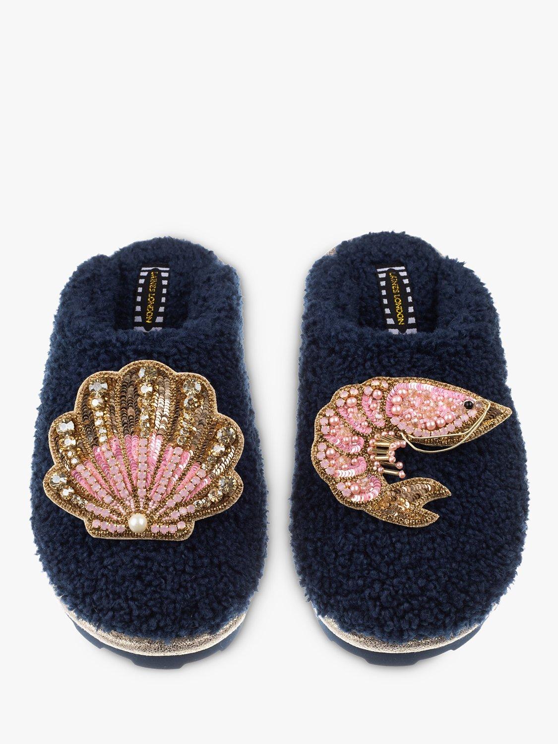 Laines London Teddy Prawn and Shell Closed Toe Slippers, Navy