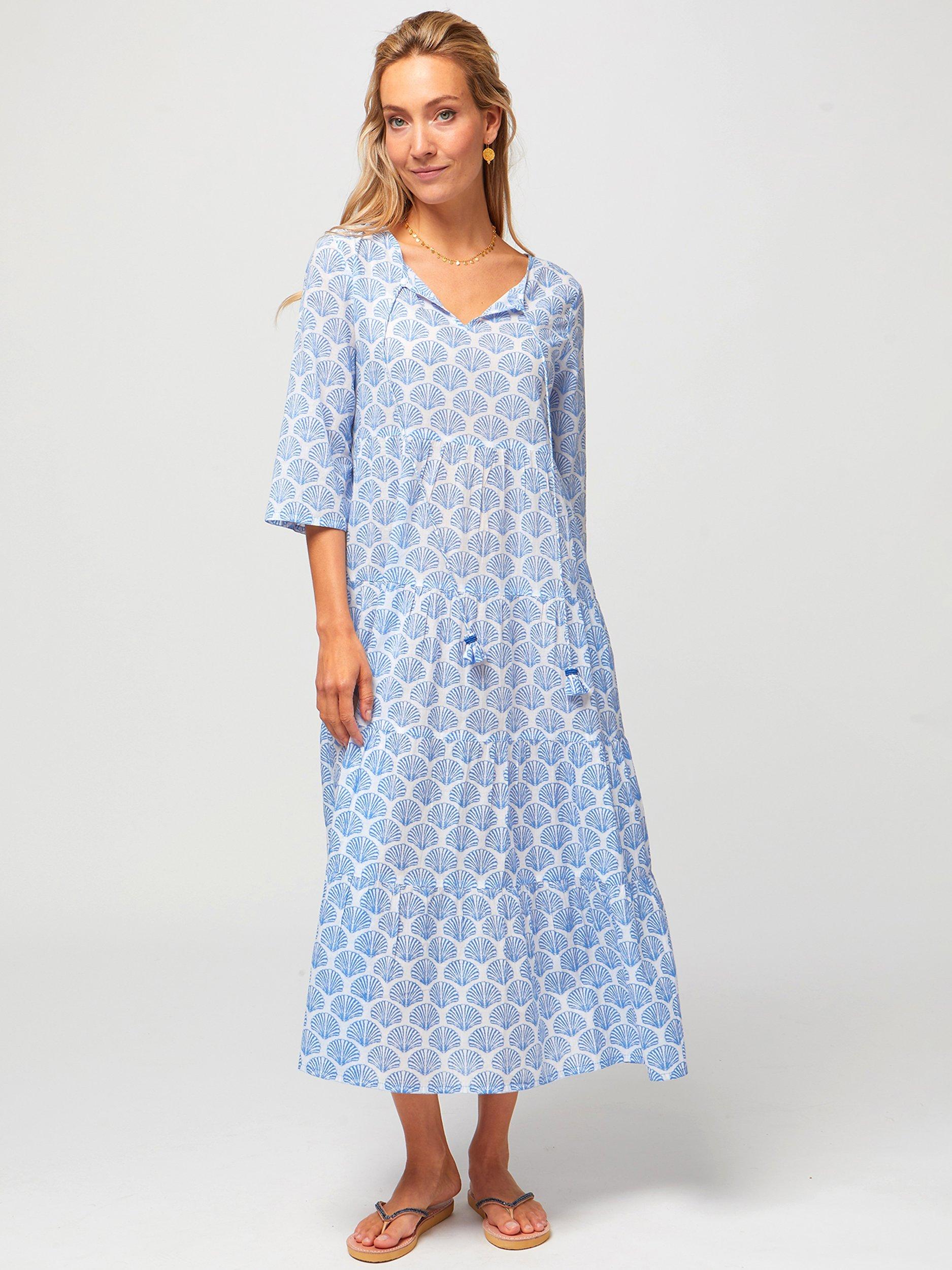 Product image 1 of 6, which shows Aspiga Emma Tiered Cotton Midi Dress, Shell Marina Blue, S
