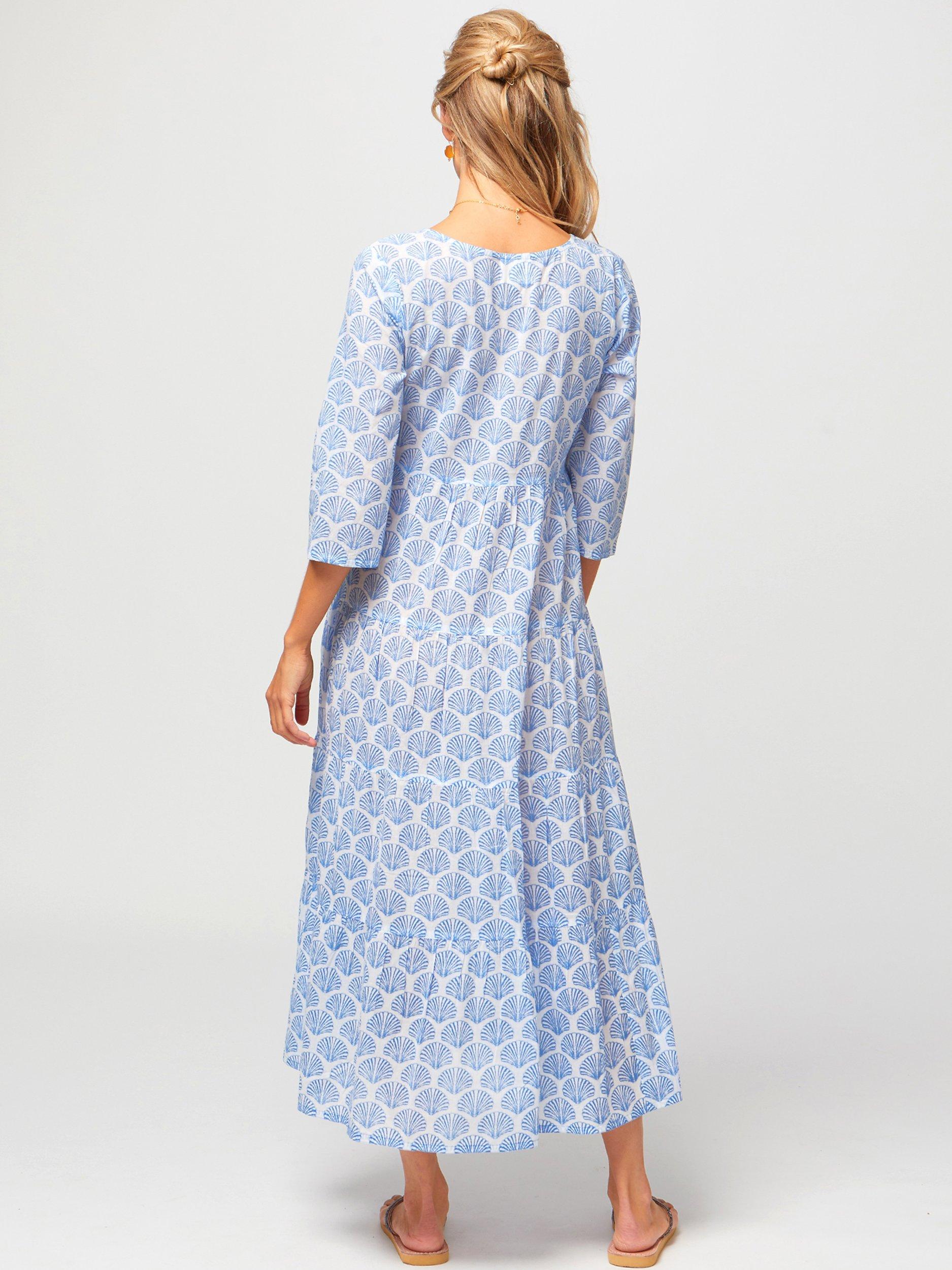 Product image 2 of 6, which shows Aspiga Emma Tiered Cotton Midi Dress, Shell Marina Blue, S