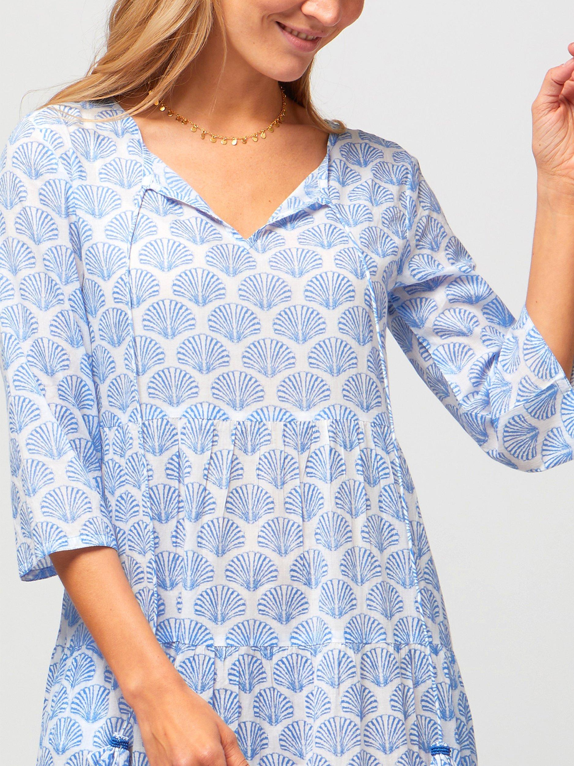 Product image 3 of 6, which shows Aspiga Emma Tiered Cotton Midi Dress, Shell Marina Blue, S
