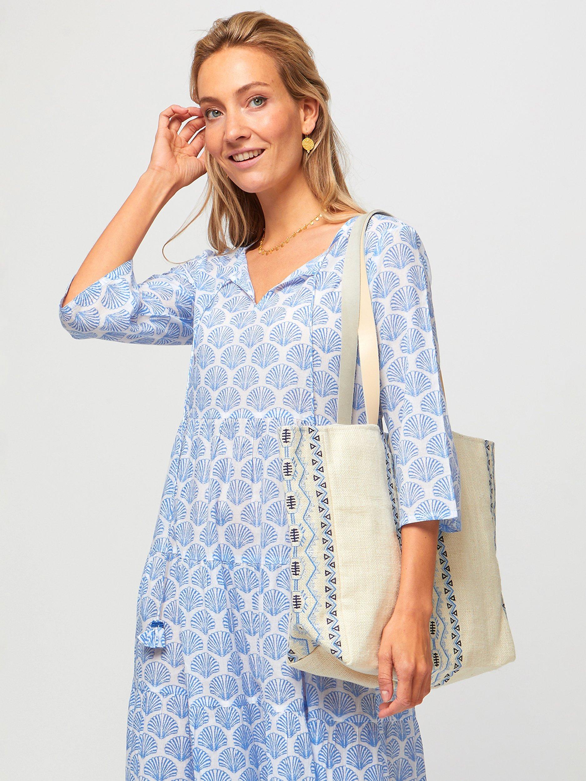 Product image 4 of 6, which shows Aspiga Emma Tiered Cotton Midi Dress, Shell Marina Blue, S