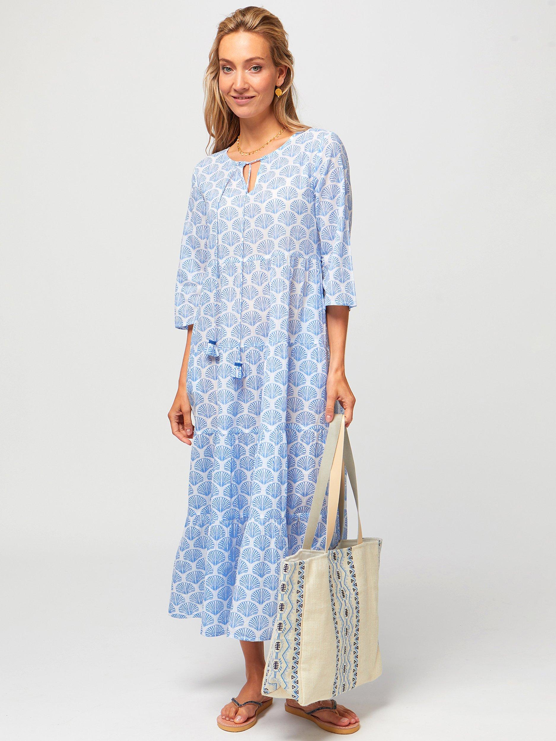 Product image 5 of 6, which shows Aspiga Emma Tiered Cotton Midi Dress, Shell Marina Blue, S