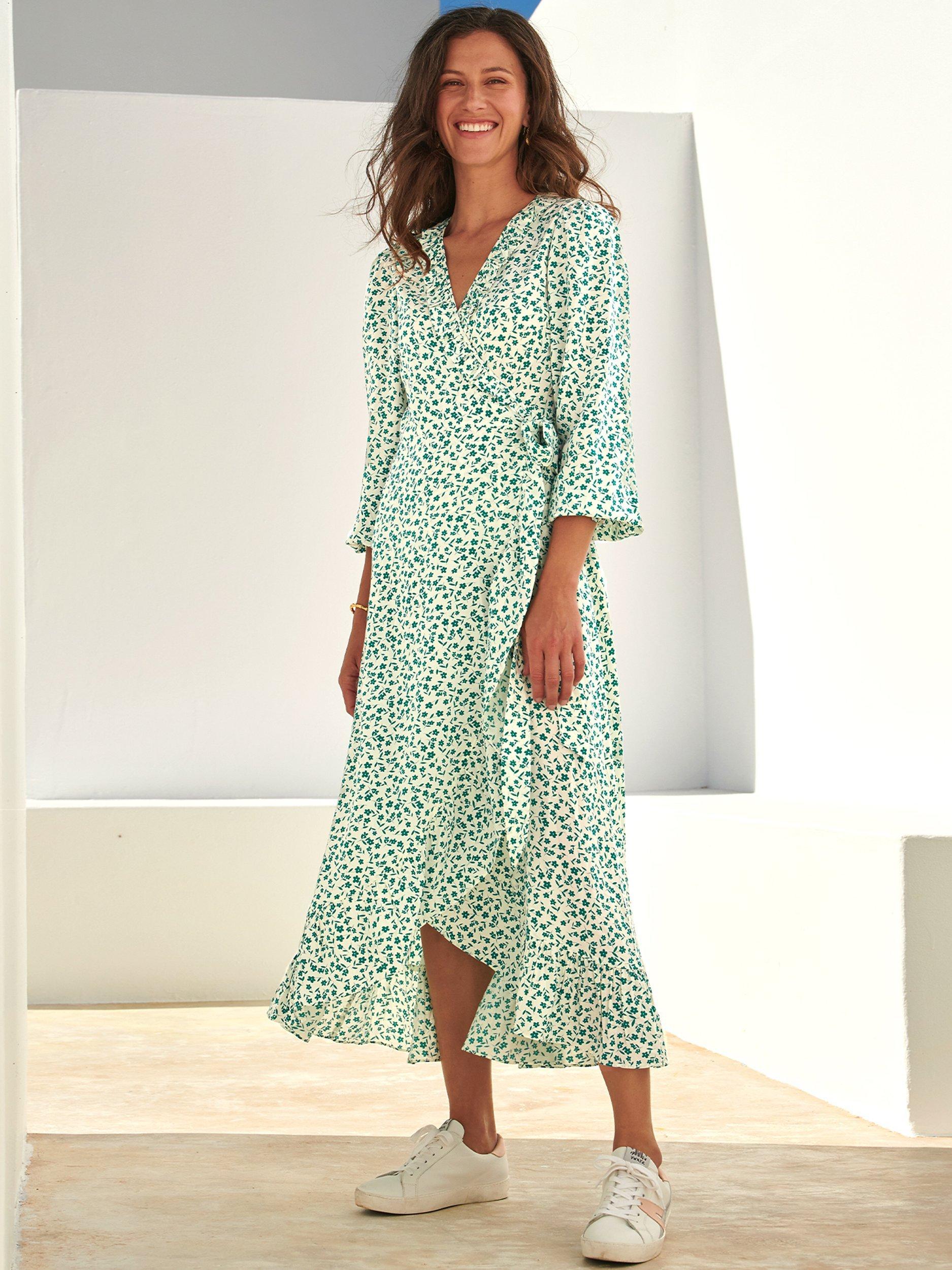 Product image 1 of 5, which shows Aspiga Demi Floral Wrap Midi Dress, Cream/Verdigris, XXL