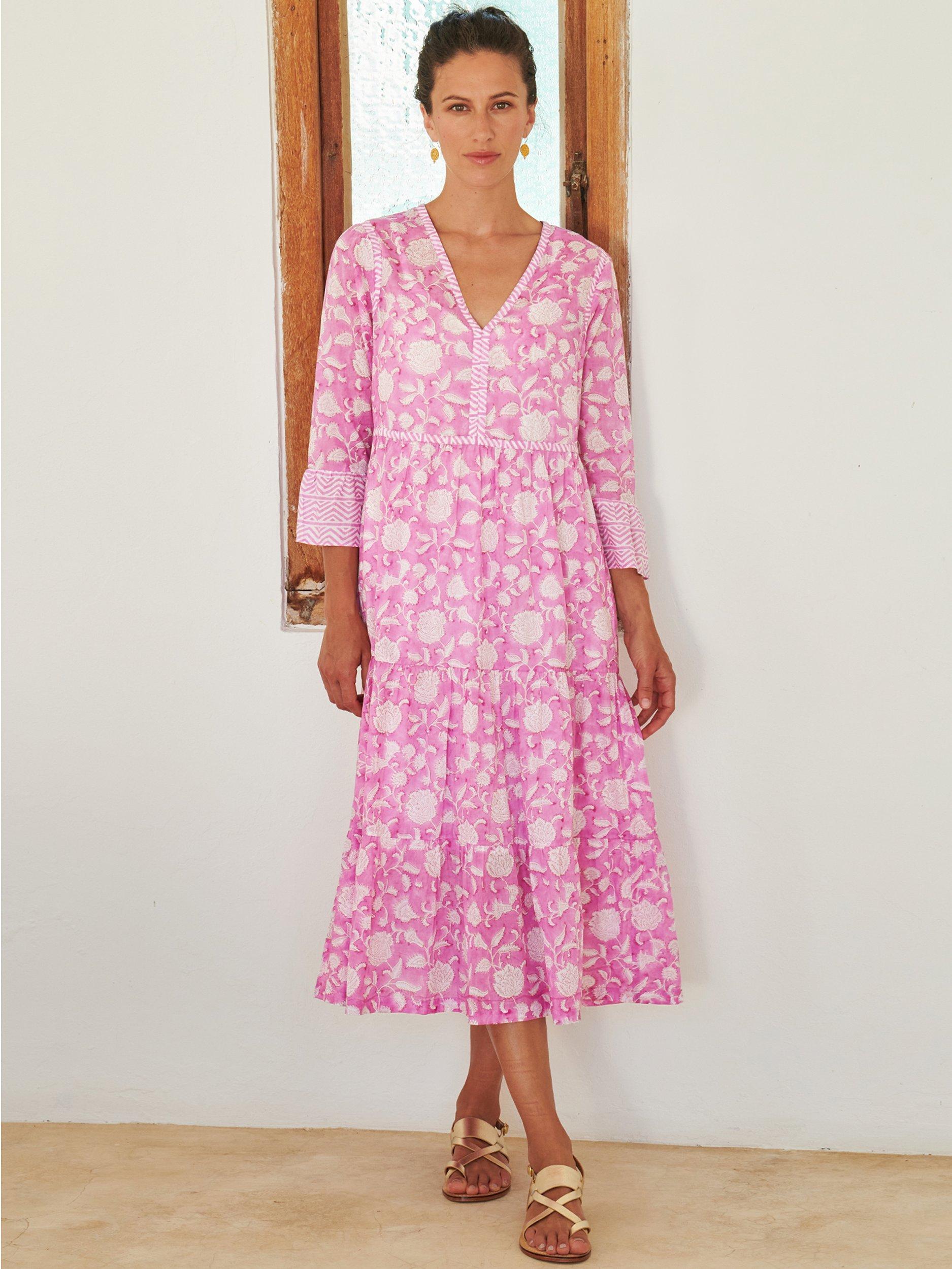 Product image 1 of 6, which shows Aspiga Organic Cotton Tiered Hayden Dress, Pink/White, M