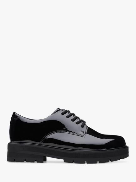 Clarks Kids' Prague Lace Up Patent Leather School Shoes, Black, Black Patent