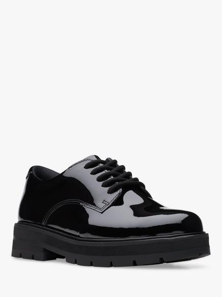 Clarks Kids' Prague Lace Up Patent Leather School Shoes, Black - view 2, Black Patent