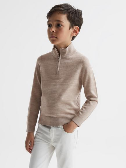 Reiss Kids' Blackhall Half Zip Wool Jumper, Wheat Melange
