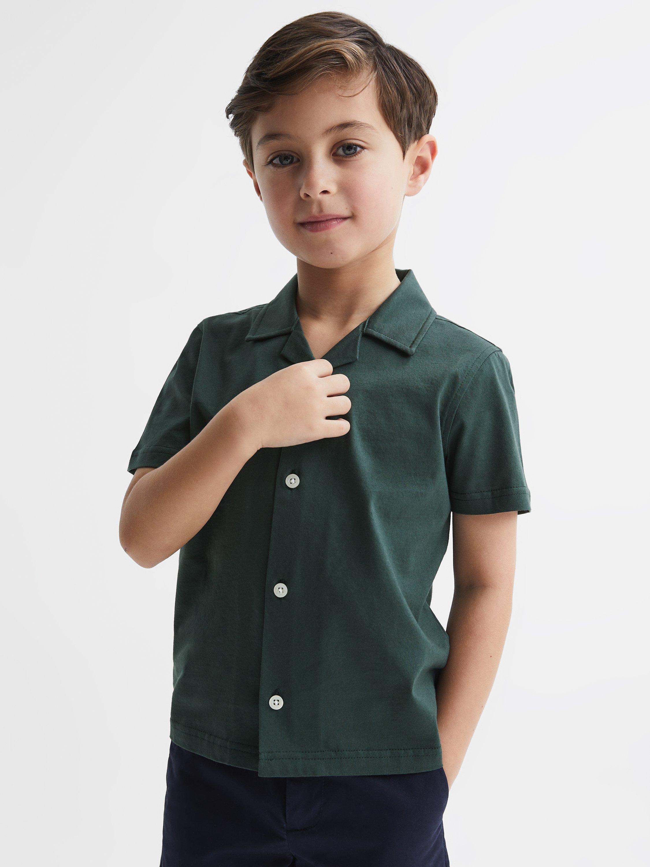 Reiss Kids' Caspa Cotton Jersey Cuban Collar Shirt, Pine Green, 11-12 years