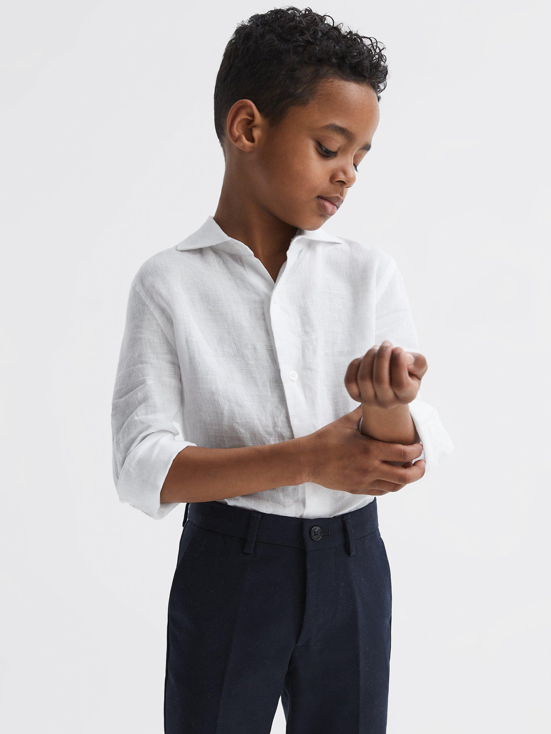 Product image 1 of 6, which shows Reiss Kids' Ruban Linen Long Sleeve Shirt, White, 4-5 years