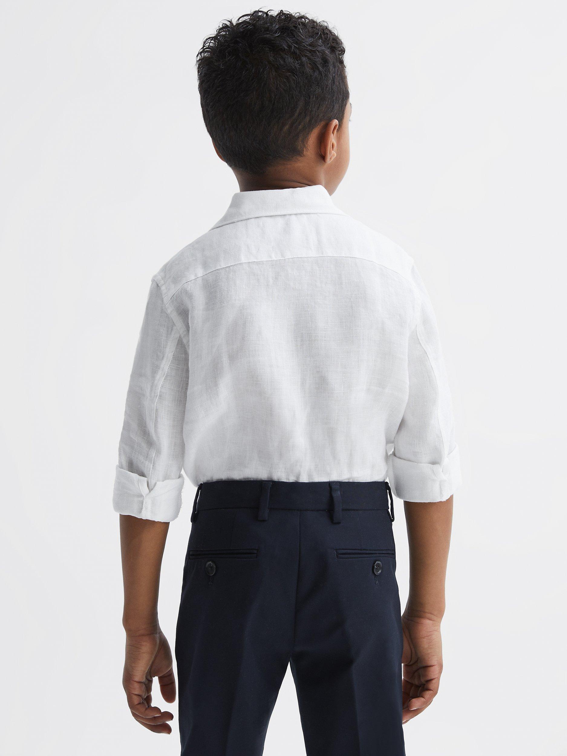Product image 2 of 6, which shows Reiss Kids' Ruban Linen Long Sleeve Shirt, White, 4-5 years