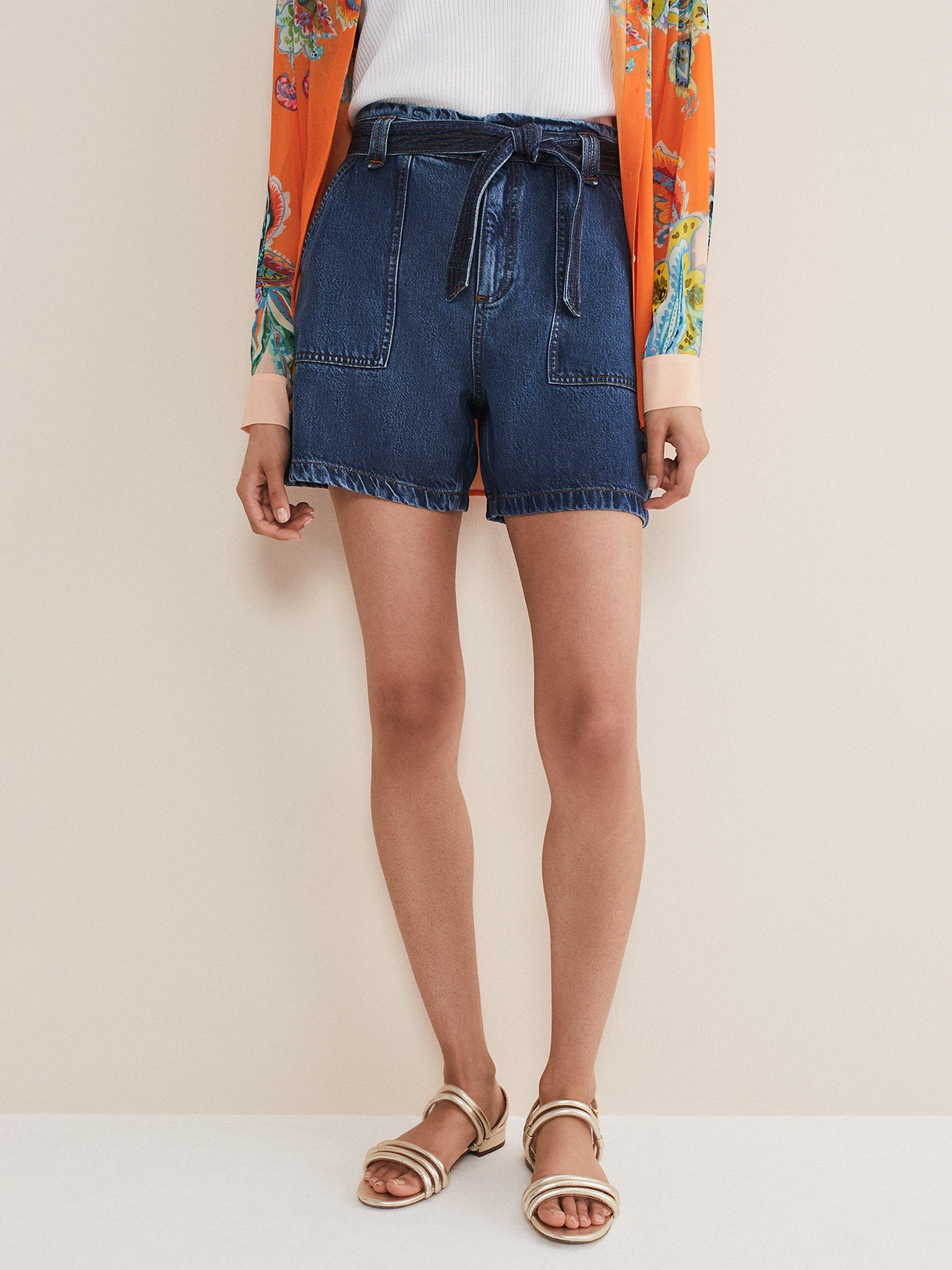 Phase Eight Paige Belted Denim Shorts, Mid Wash
