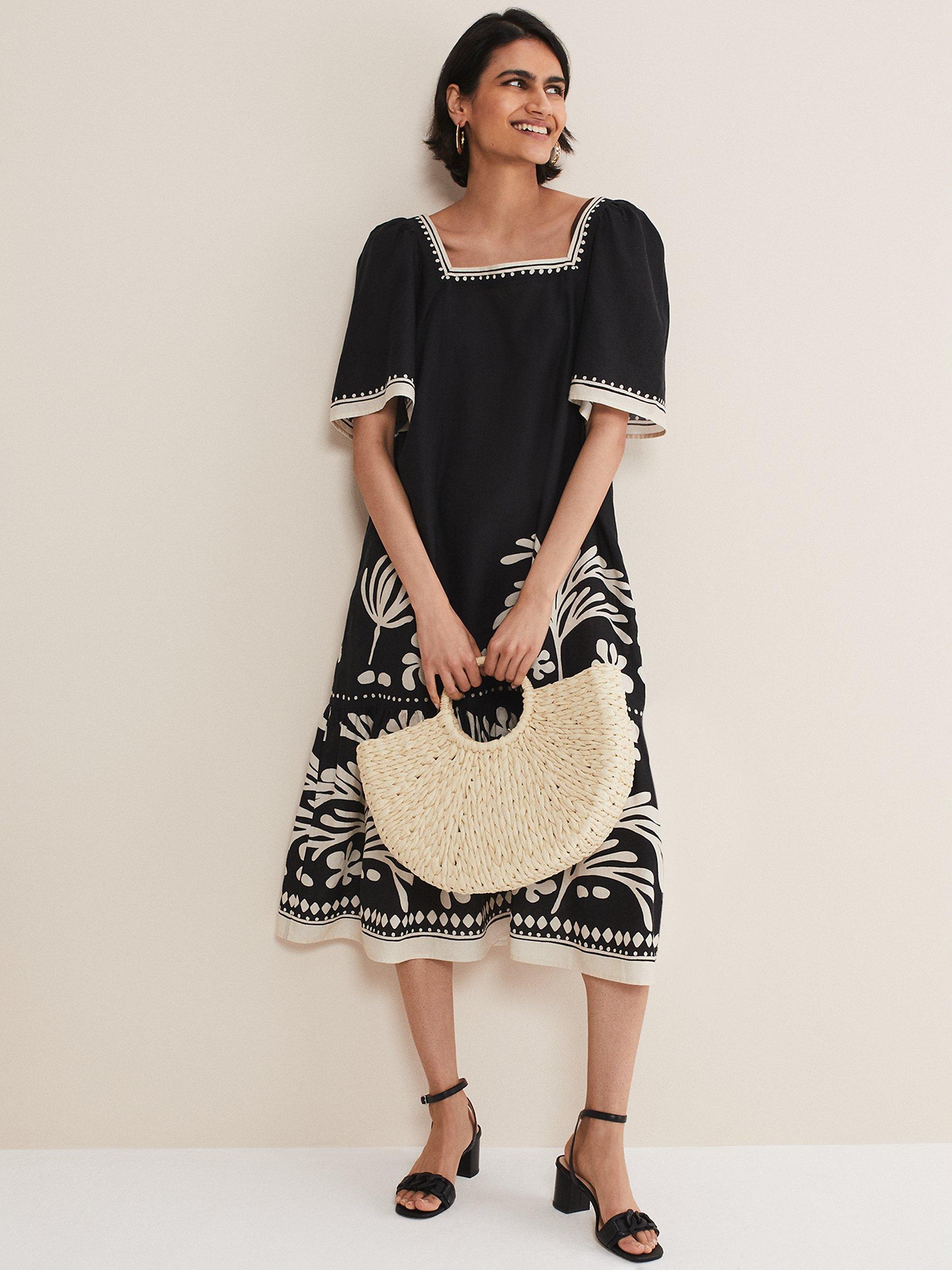 Phase Eight Claria Cotton-Linen Blend Dress, Black/Ivory
