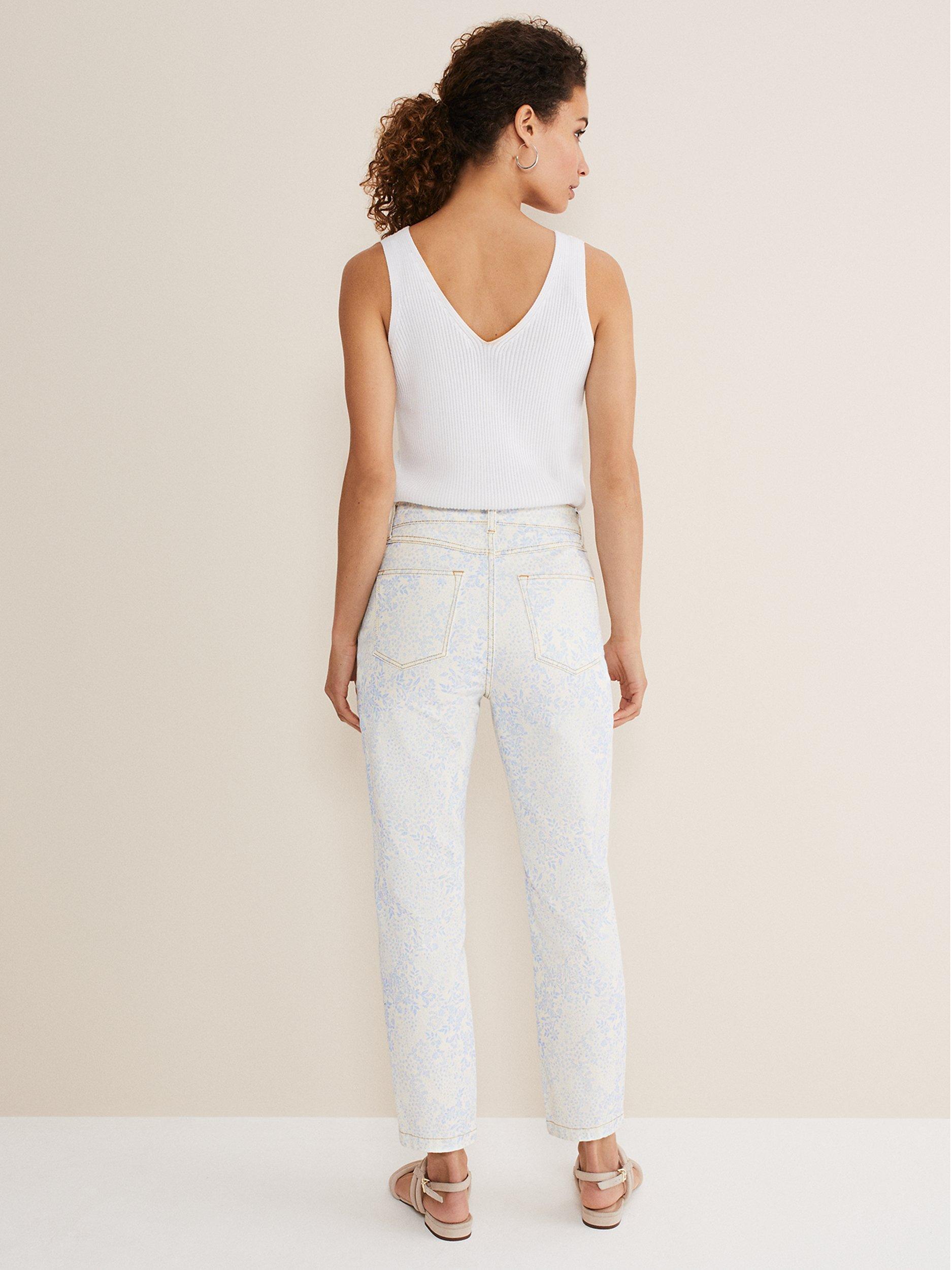 Product image 2 of 8, which shows Phase Eight Cordelia Floral Print Jeans, Ivory/Blue, 10