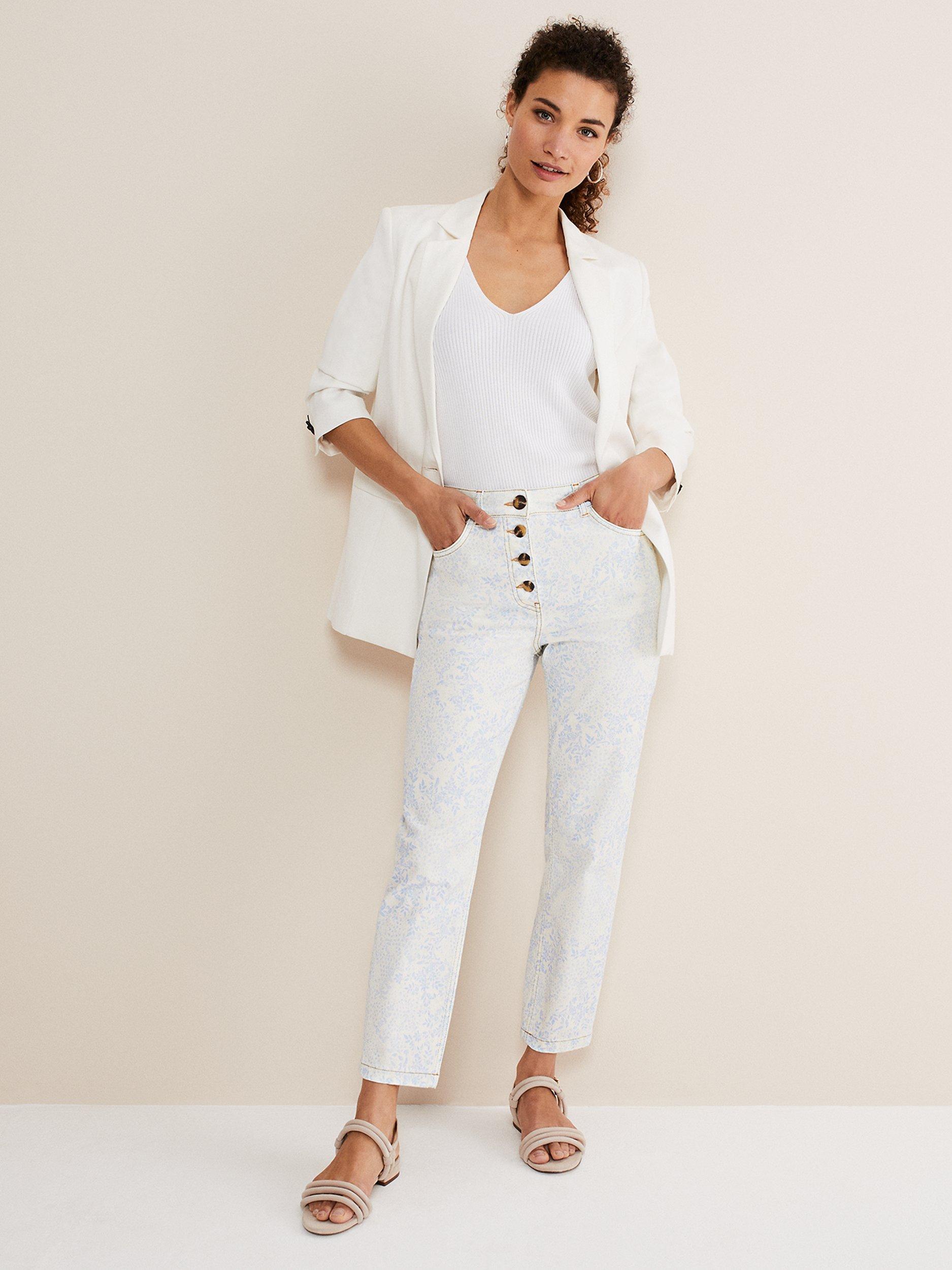 Product image 3 of 8, which shows Phase Eight Cordelia Floral Print Jeans, Ivory/Blue, 10