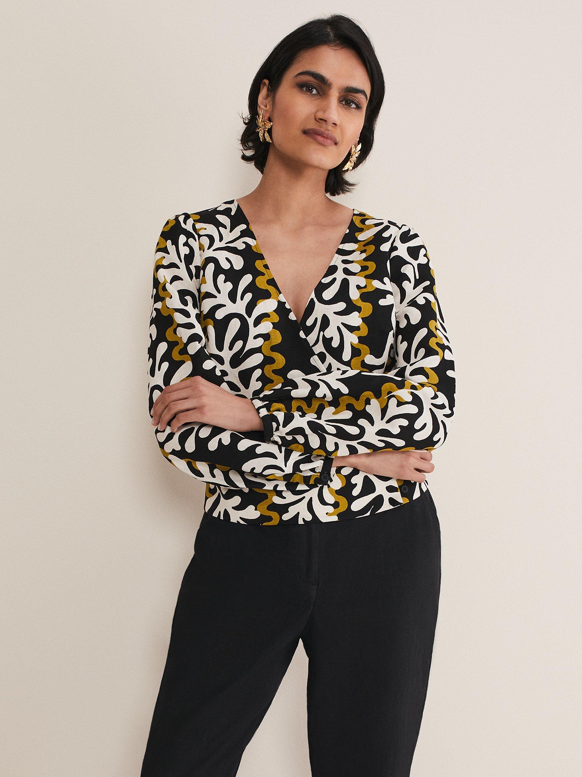Phase Eight Vienna Linen Blend Wrap Top, Black/Multi