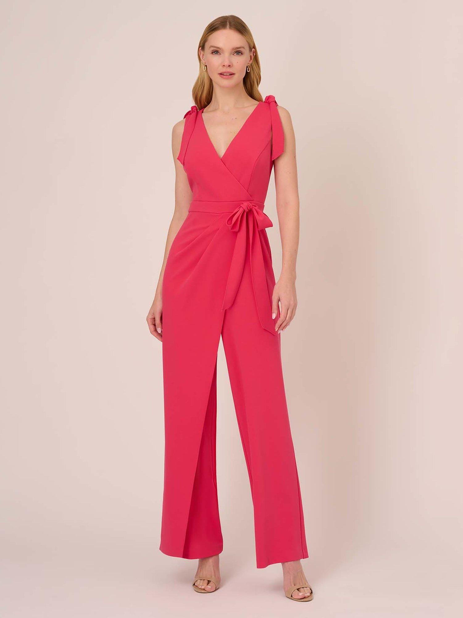 Adrianna Papell Plain Knit Crepe Tie Shoulder Jumpsuit, Pink Lotus