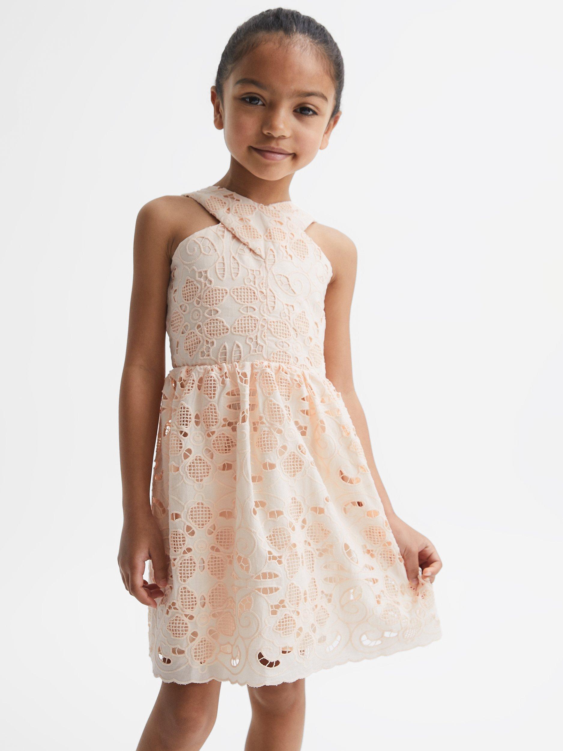 Reiss Kids' Callie Cross Back Lace Dress, Pink