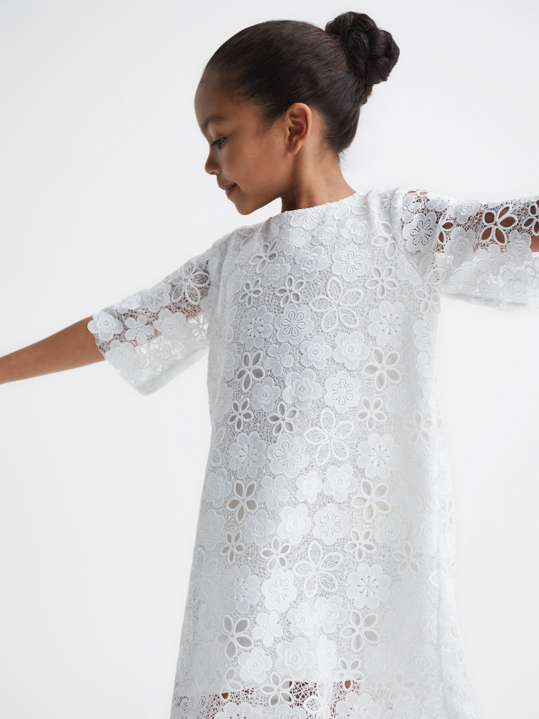 Reiss Kids' Susie T-Shirt Lace Knee Length Dress, Ivory