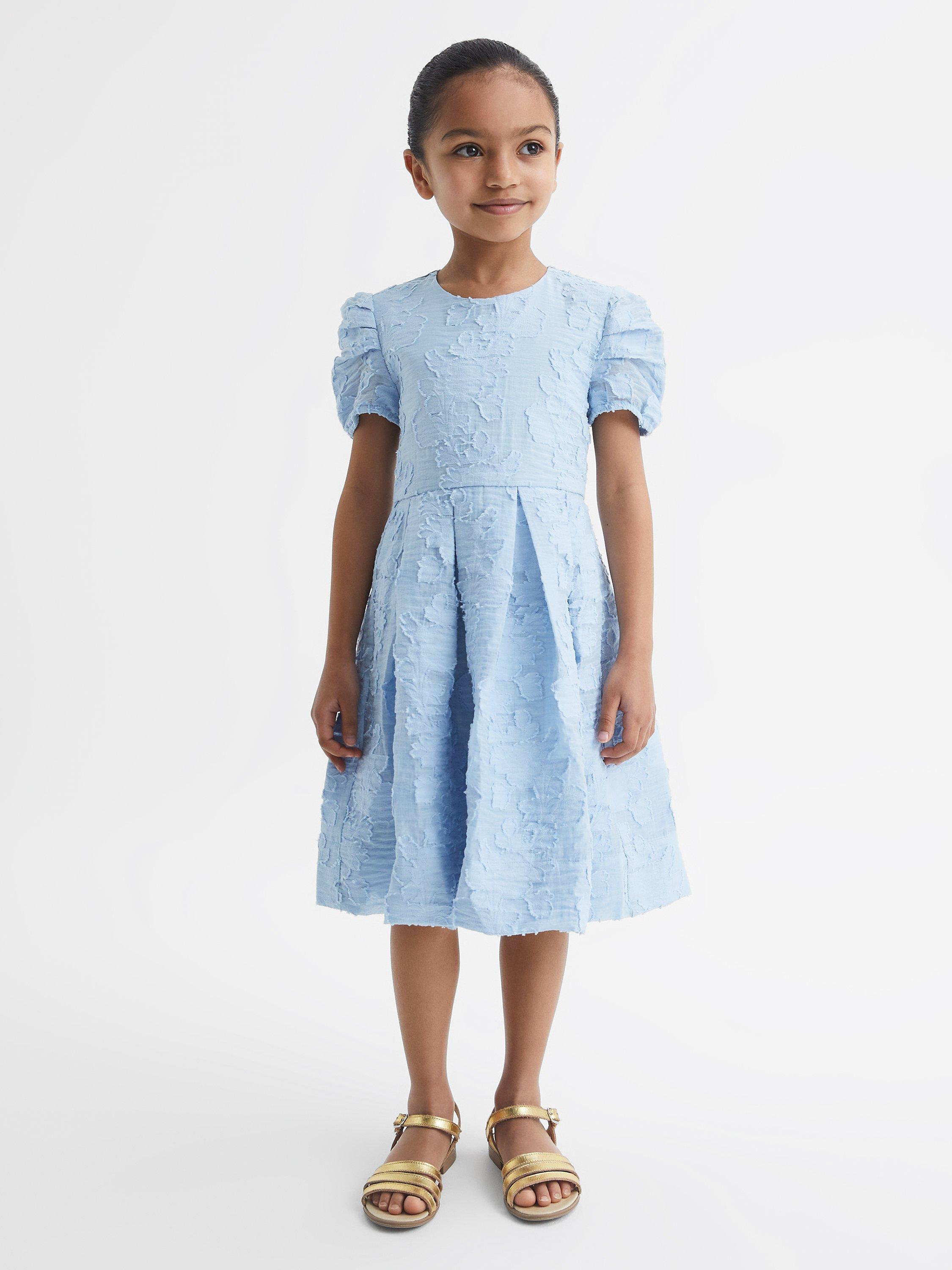 Reiss Kids' Amalie Floral Print Textured Occasion Dress, Blue, 6-7 years