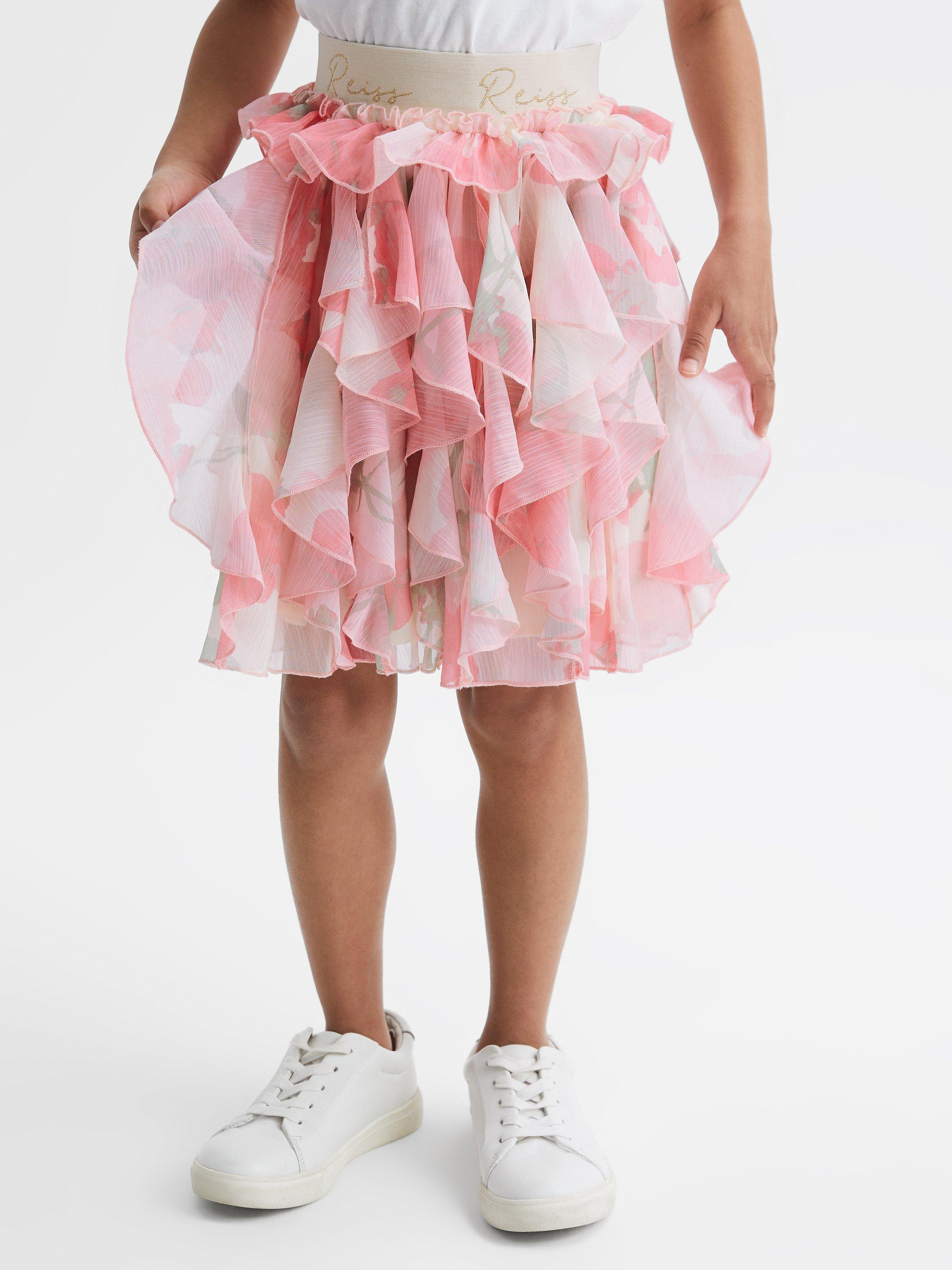 Product image 1 of 5, which shows Reiss Kids' Lola Floral Ruffle Pleat Skirt, Pink/Multi, 11-12 years