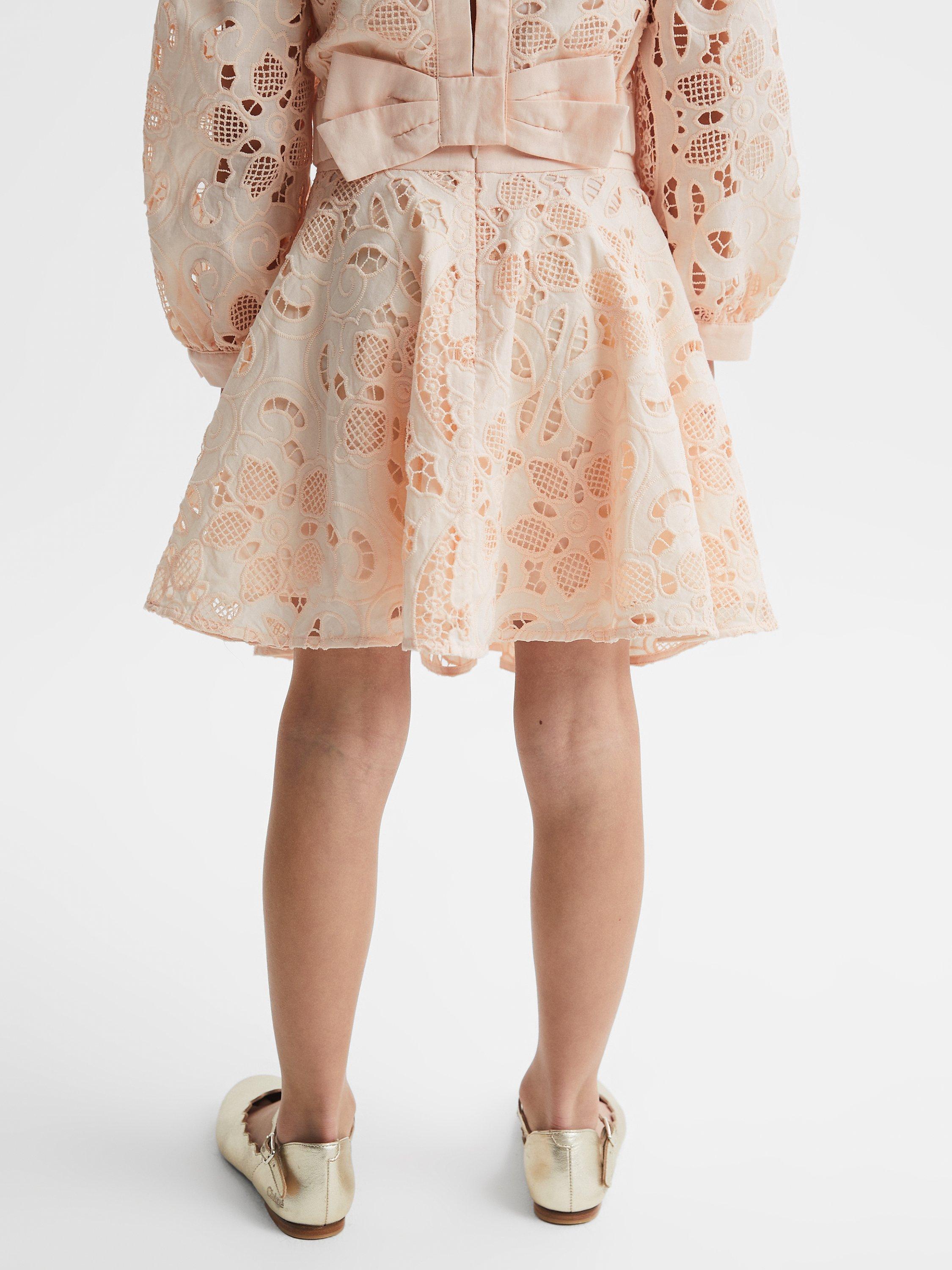 Product image 2 of 5, which shows Reiss Kids' Nella Cotton Lace Mini Skirt, Pink, 10-11 years