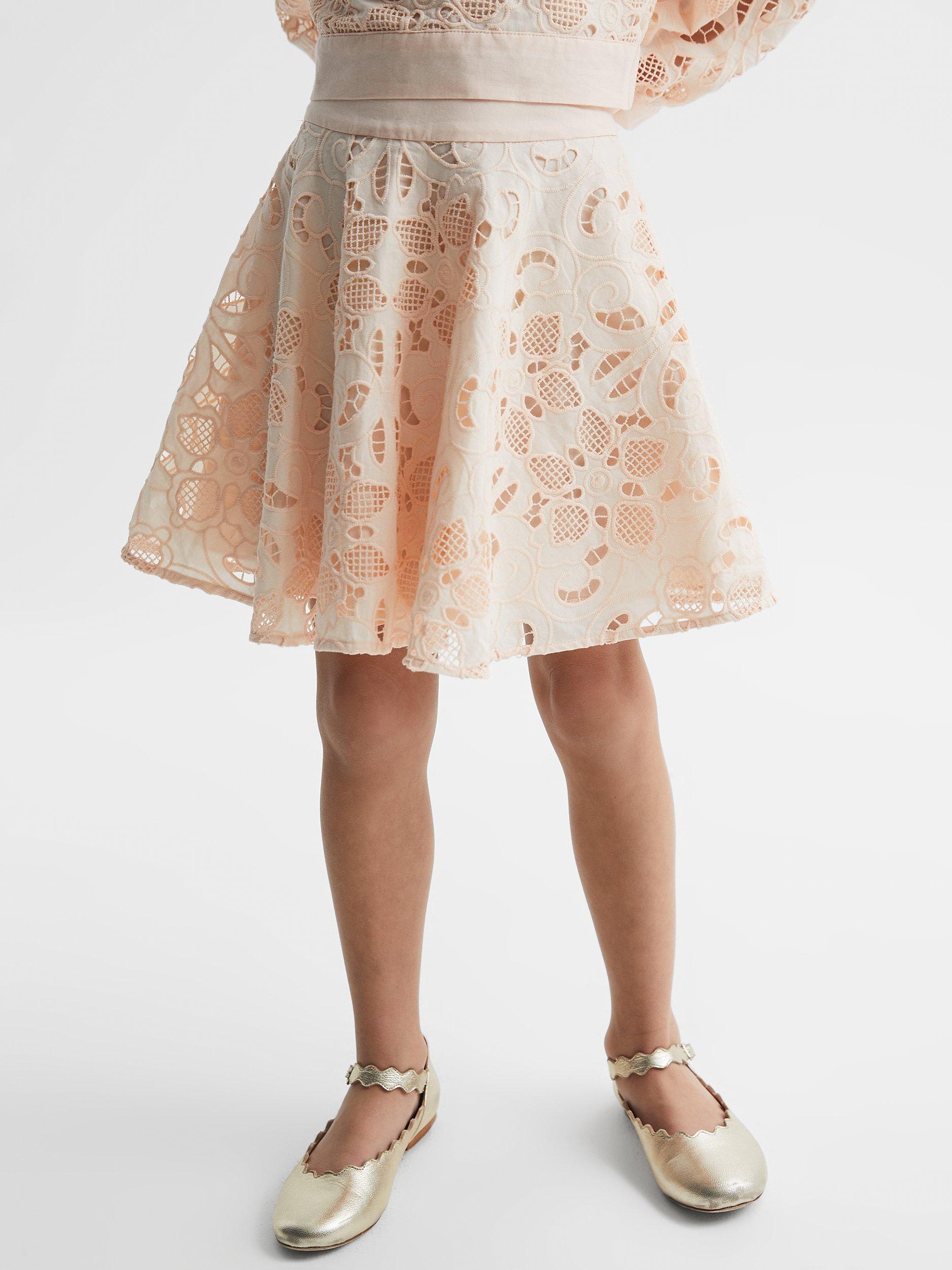 Product image 4 of 5, which shows Reiss Kids' Nella Cotton Lace Mini Skirt, Pink, 10-11 years