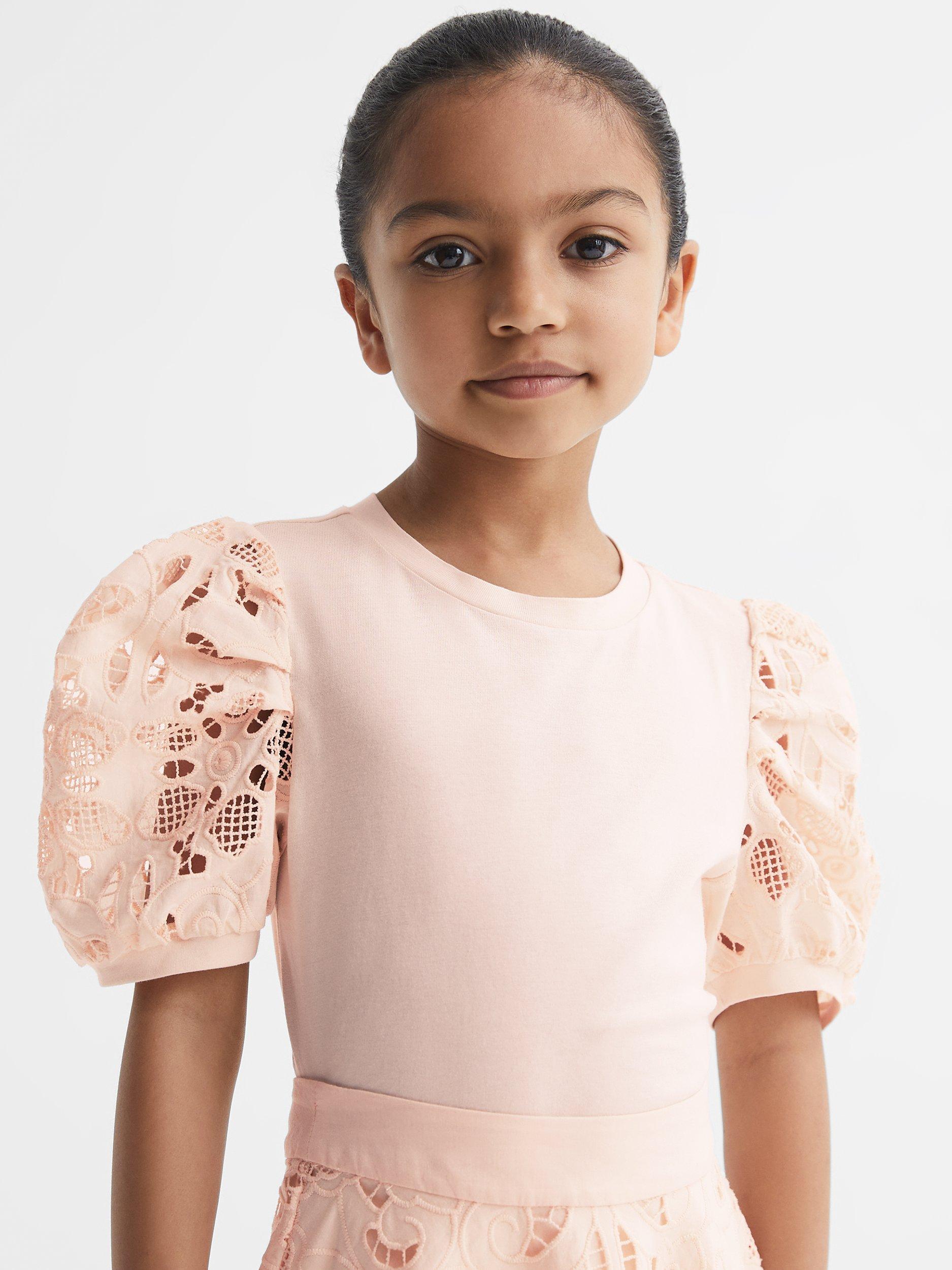 Reiss Kids' Alberta Lace Puff Sleeve T-Shirt, Pink