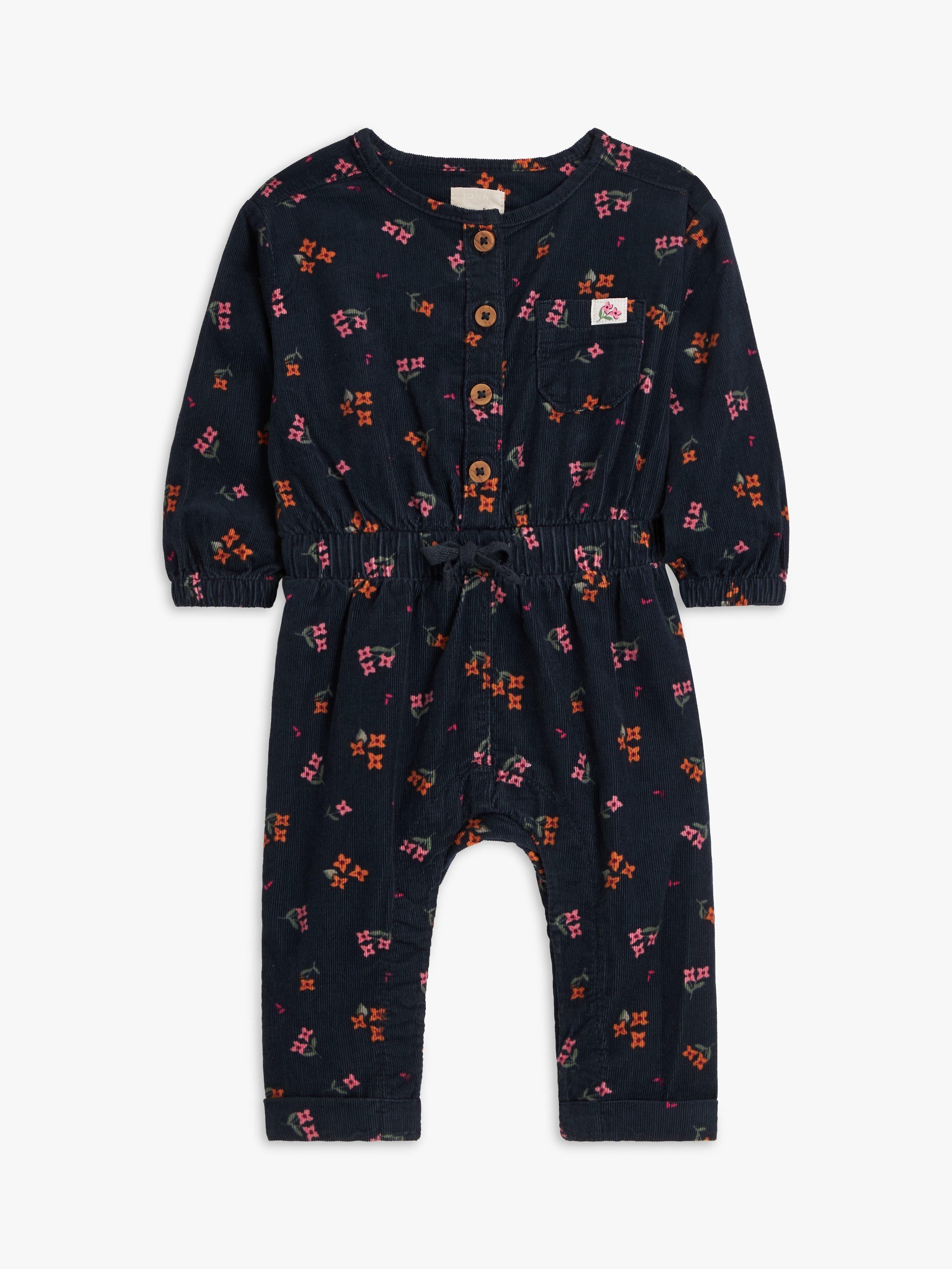 John Lewis Baby Corduroy Floral Jumpsuit, Navy