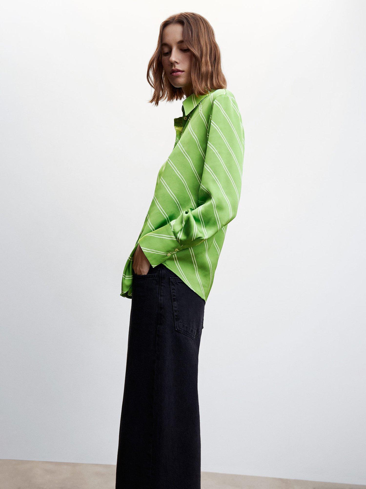Mango Ideale Stripe Satin Shirt, Bright Green