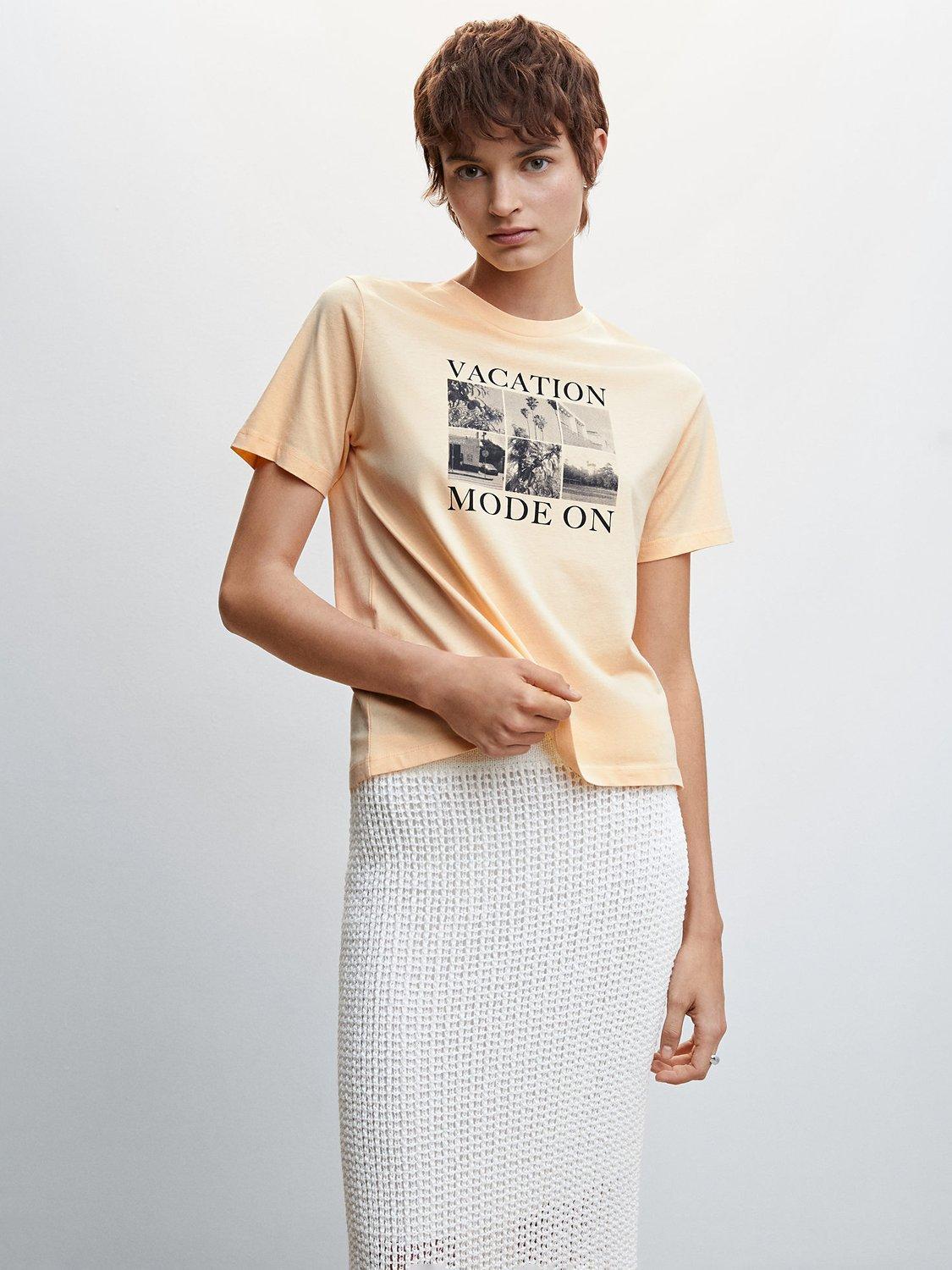 Mango Printed Cotton T-Shirt, Pastel Orange