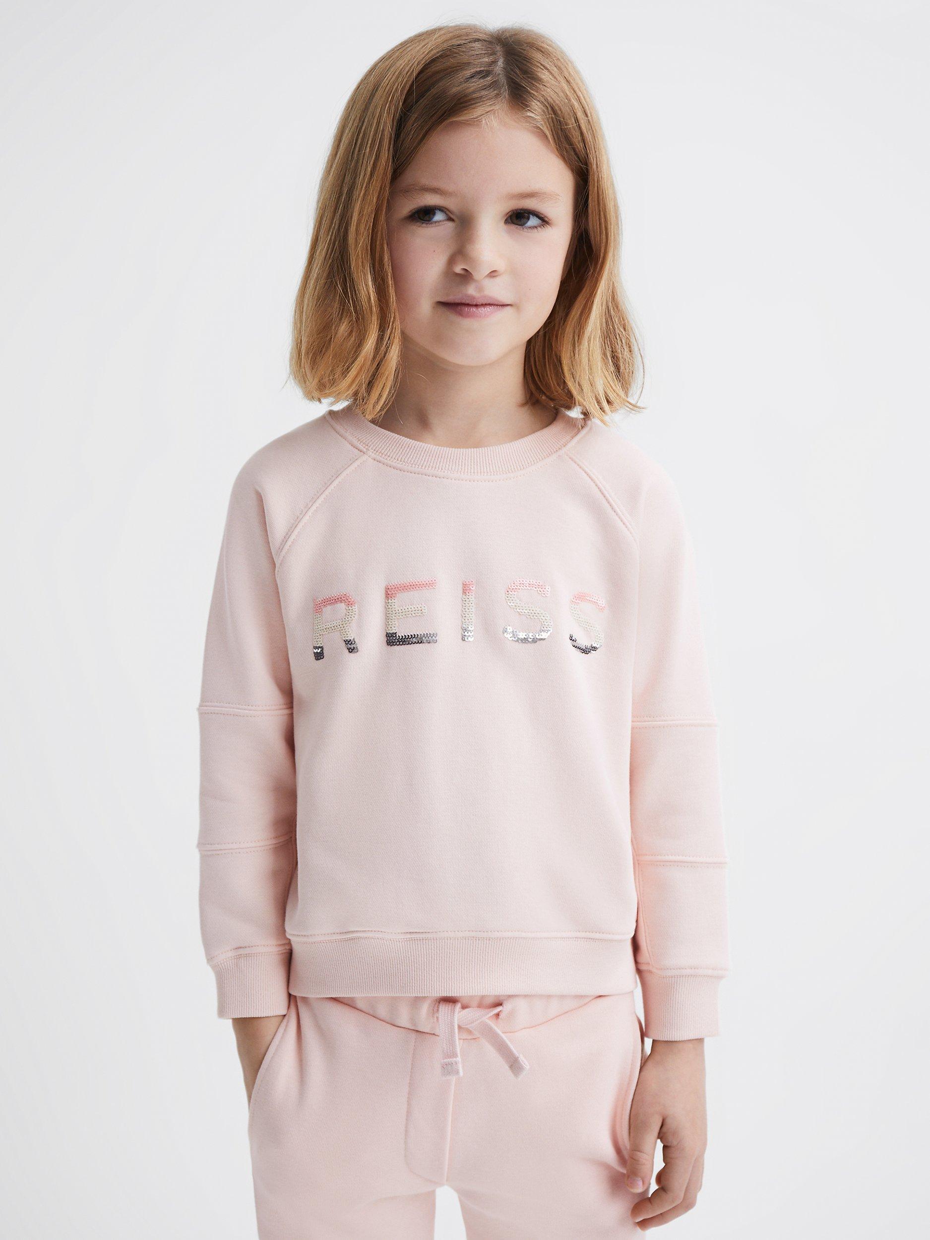 Reiss Kids' Bryony Sequin Logo Jersey Top, Soft Pink