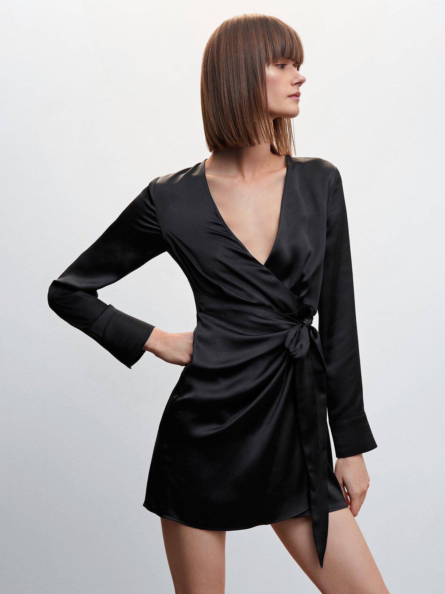 Mango Sabrina Satin Wrap Dress, Black