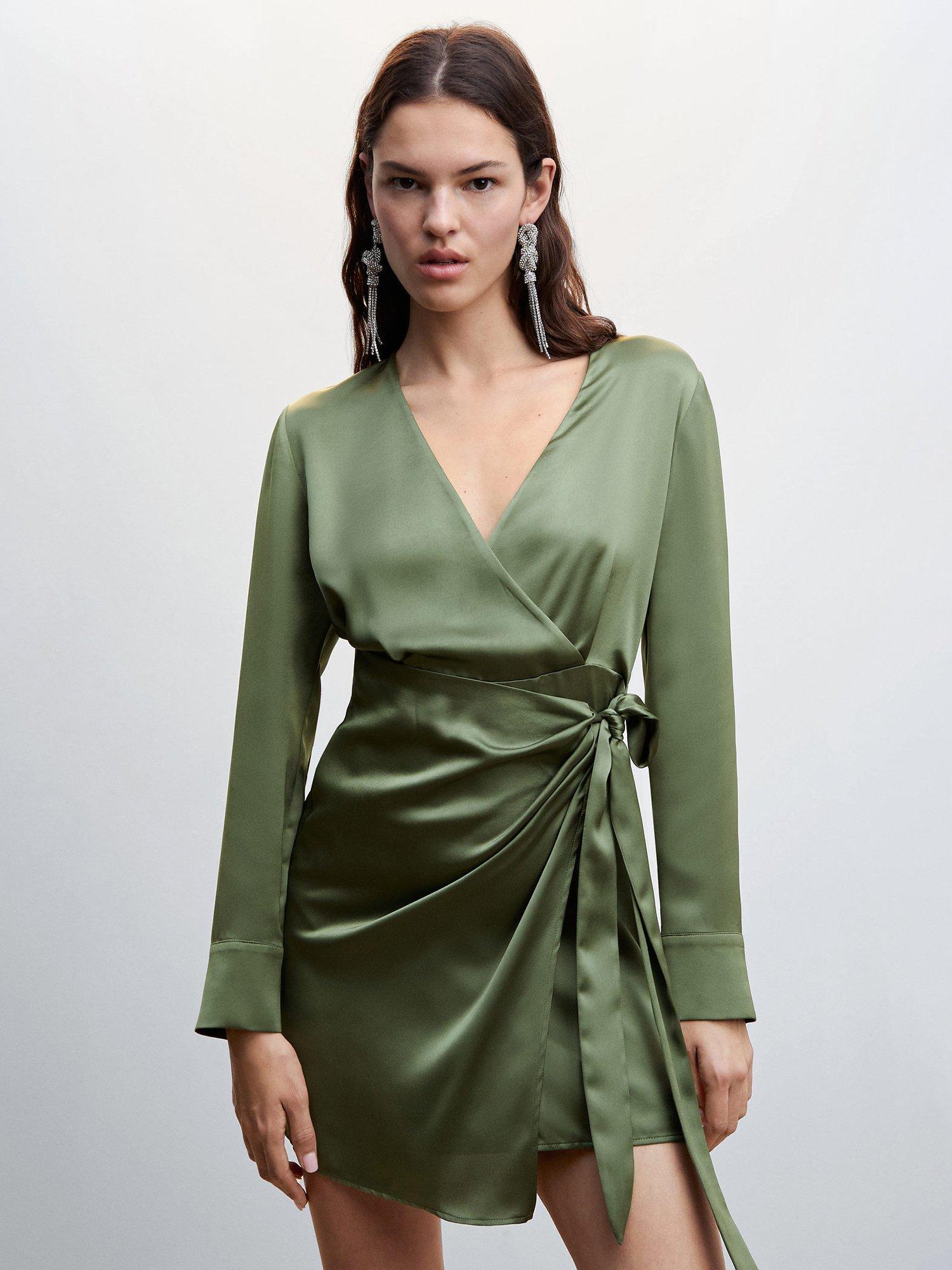 Mango Sabrina Satin Wrap Dress, Green