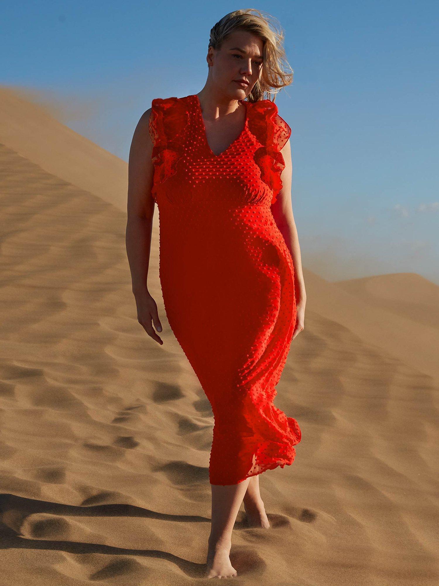 Live Unlimited Dobby Frill Sleeve Dress, Red