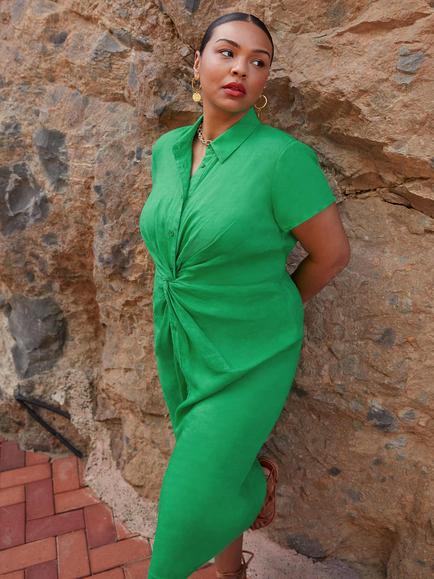 Live Unlimited Curve Plain Knot Linen Shirt Dress, Green