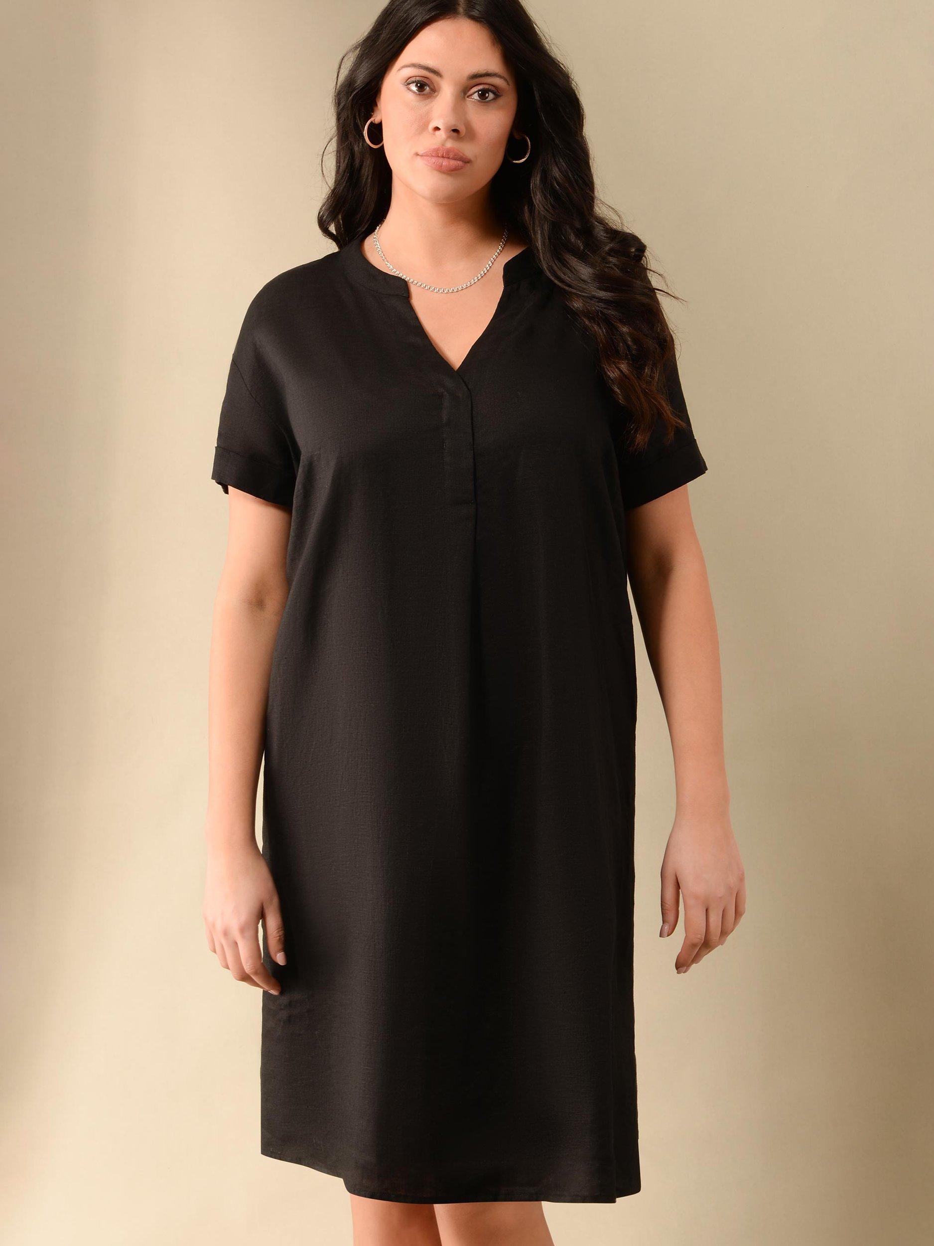 Live Unlimited Curve Nehru Collar Linen Knee Length Dress, Black
