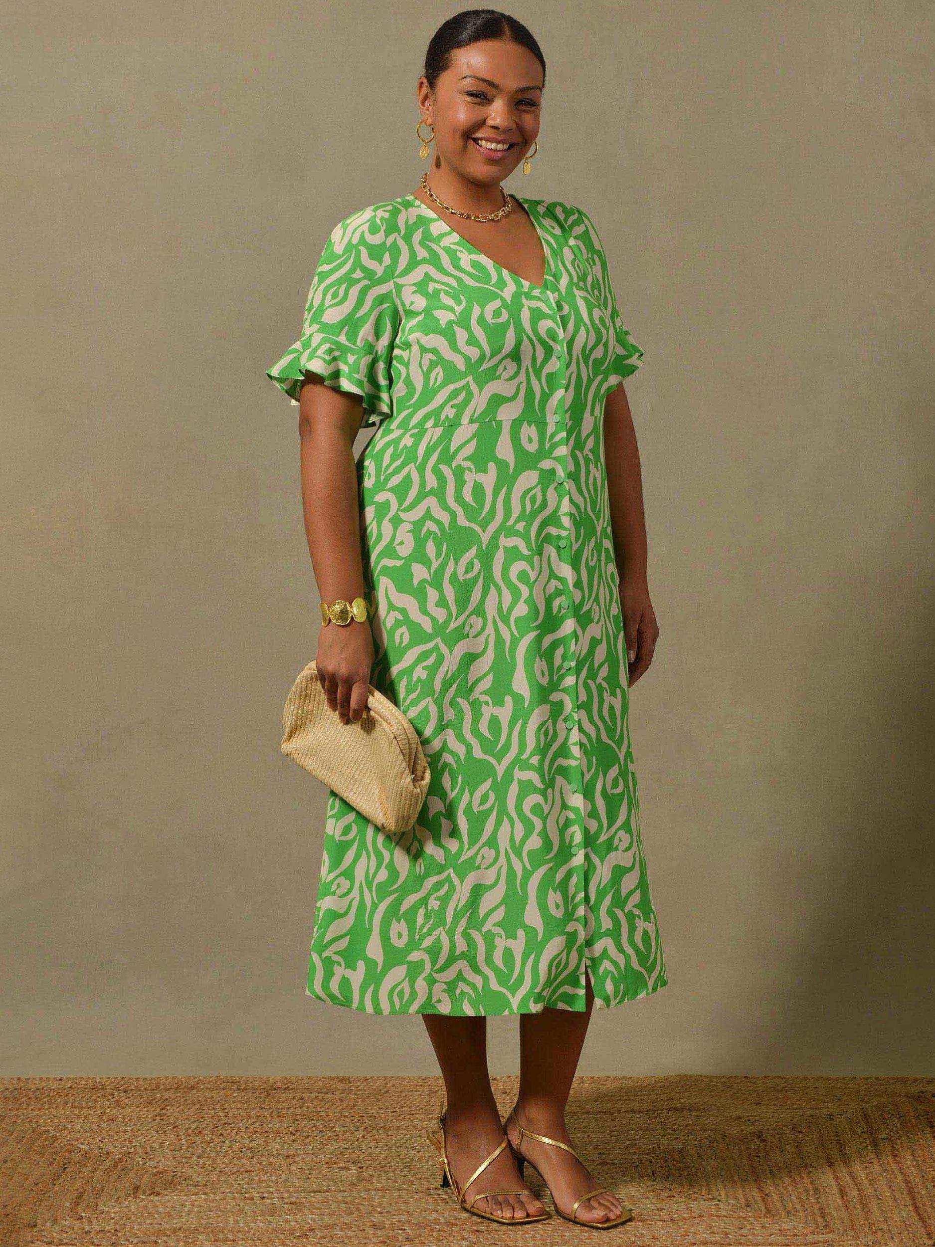Live Unlimited Curve Abstract Print Shirt Dress, Green