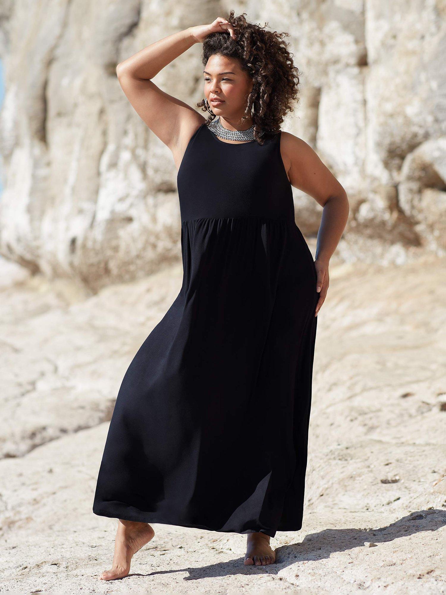 Live Unlimited Curve Plain Scoop Neck Smock Dress, Black