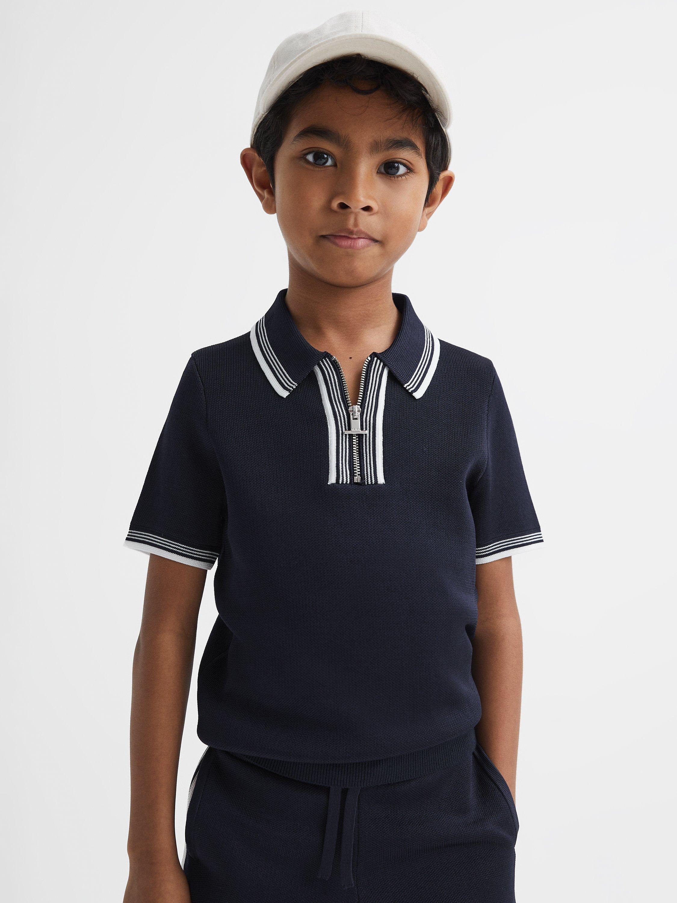 Reiss Kids' Regency Half Zip Stripe Detail T-Shirt, Navy