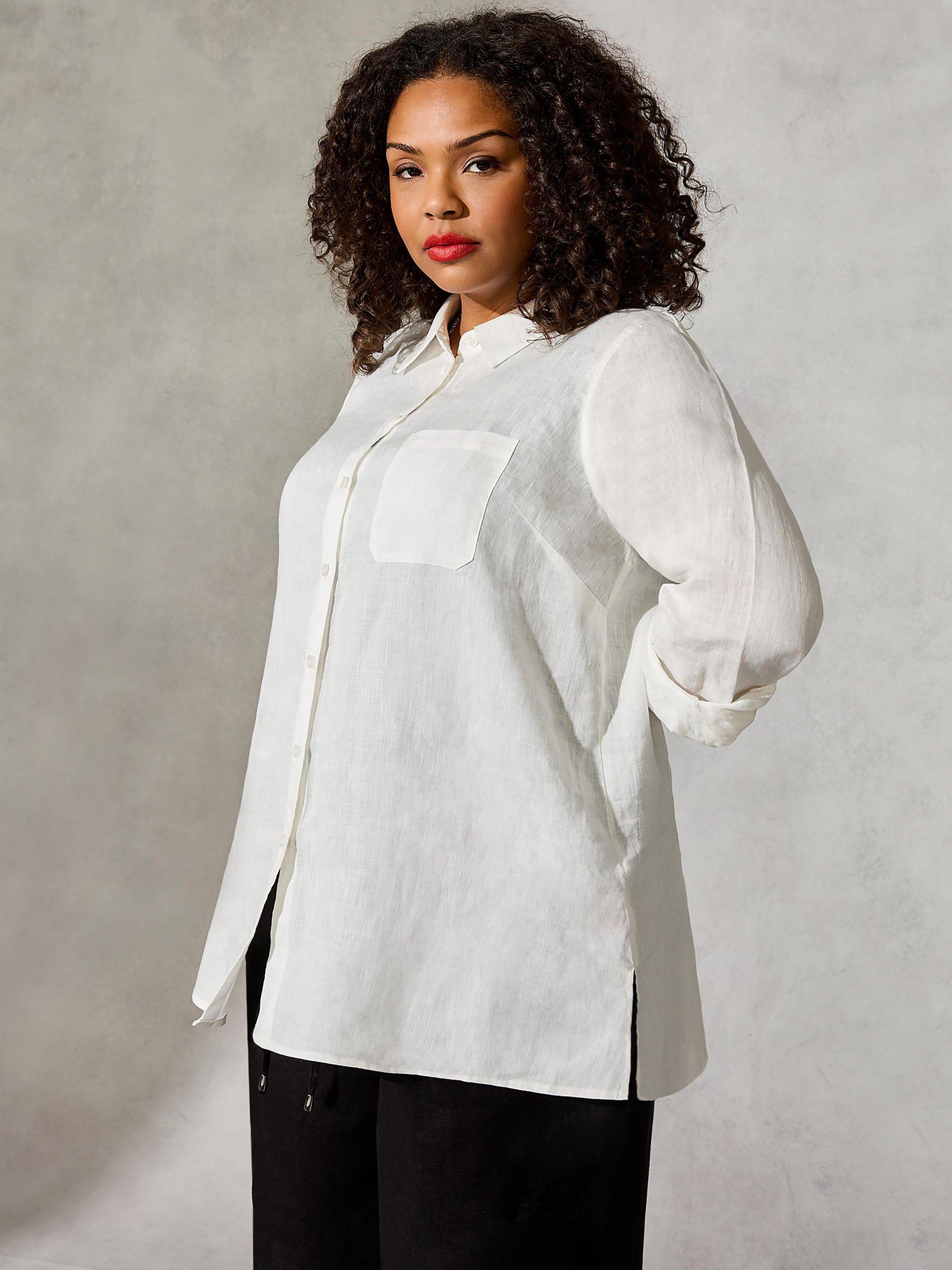 Live Unlimited Curve Linen V Neck Button Through Shirt, White