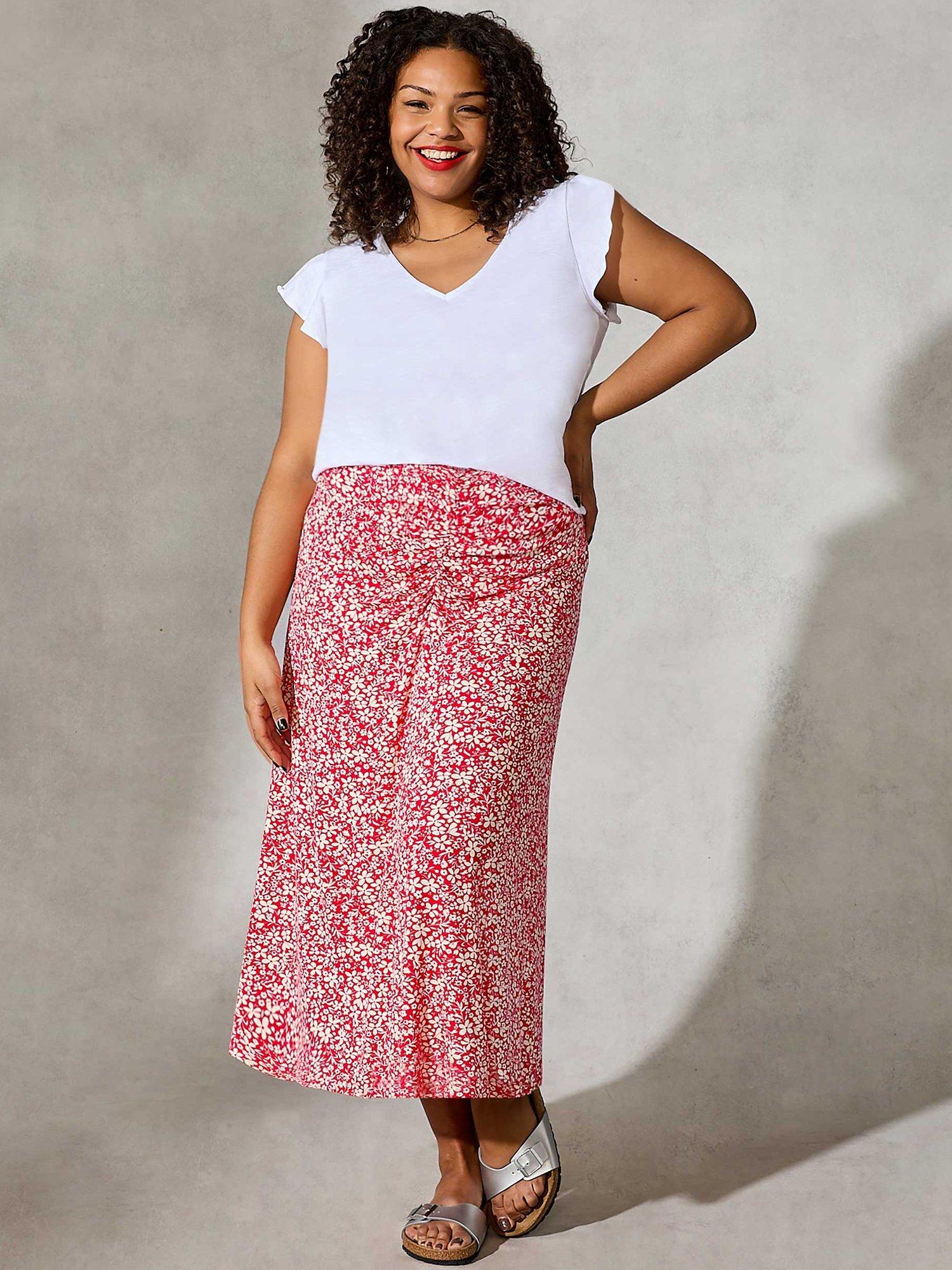 Live Unlimited Ditsy Print Ruched Front Jersey Skirt, Red