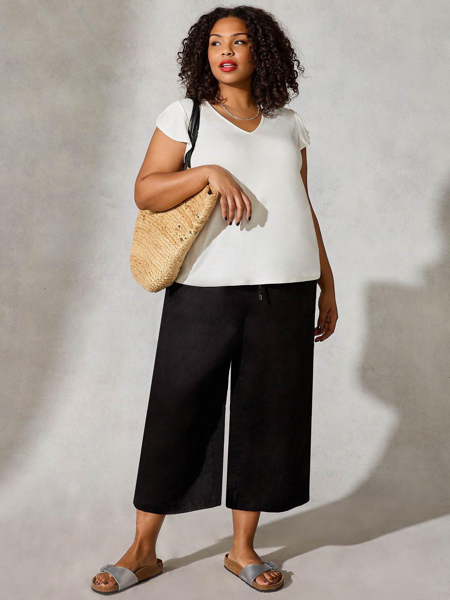 Live Unlimited Curve Linen Cropped Wide Leg Trousers, Black