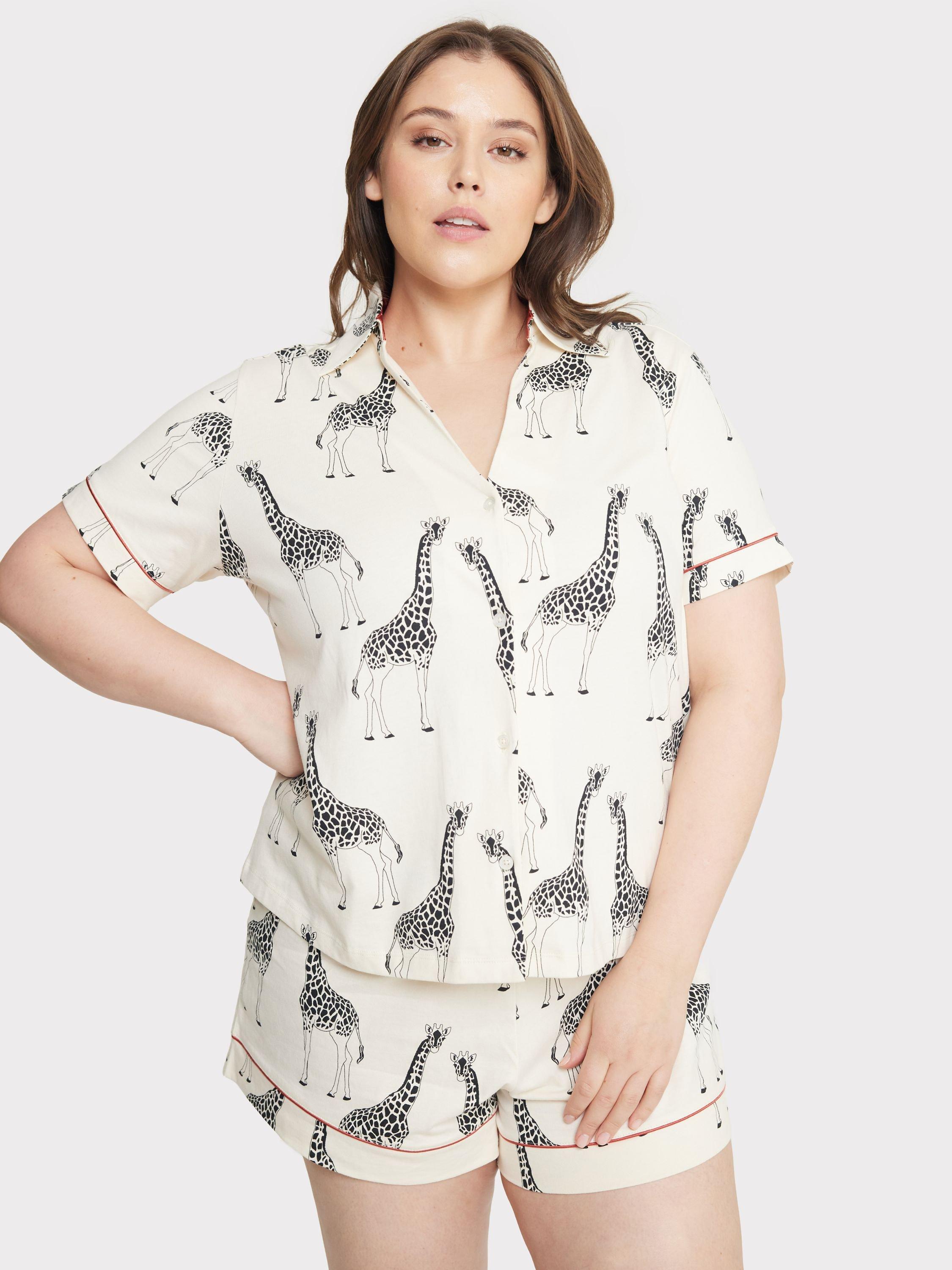 Chelsea Peers Curve Organic Cotton Giraffe Shorts Pyjamas, Off White, 18