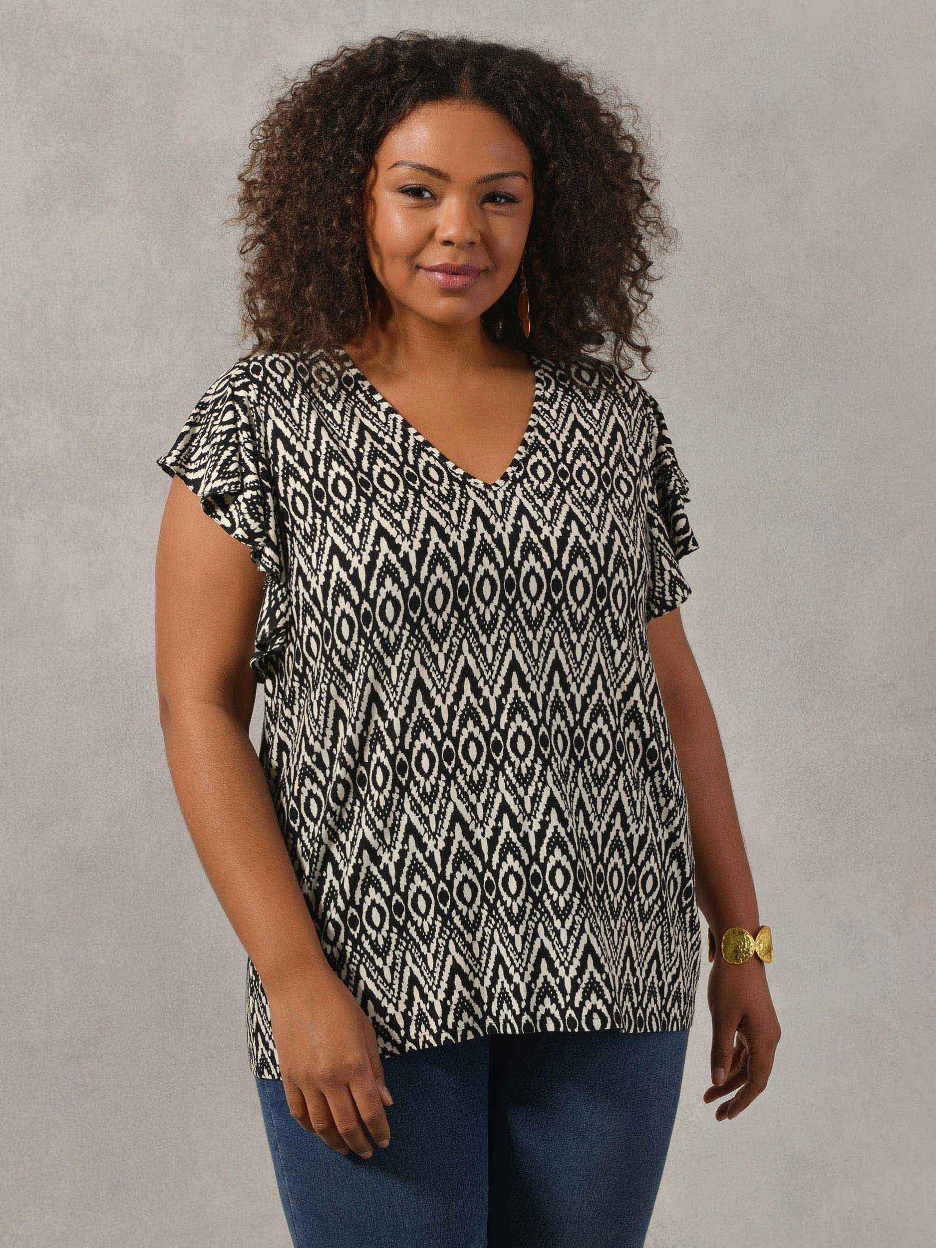 Live Unlimited Curve Aztec Print Frill Sleeve Jersey Top, Black