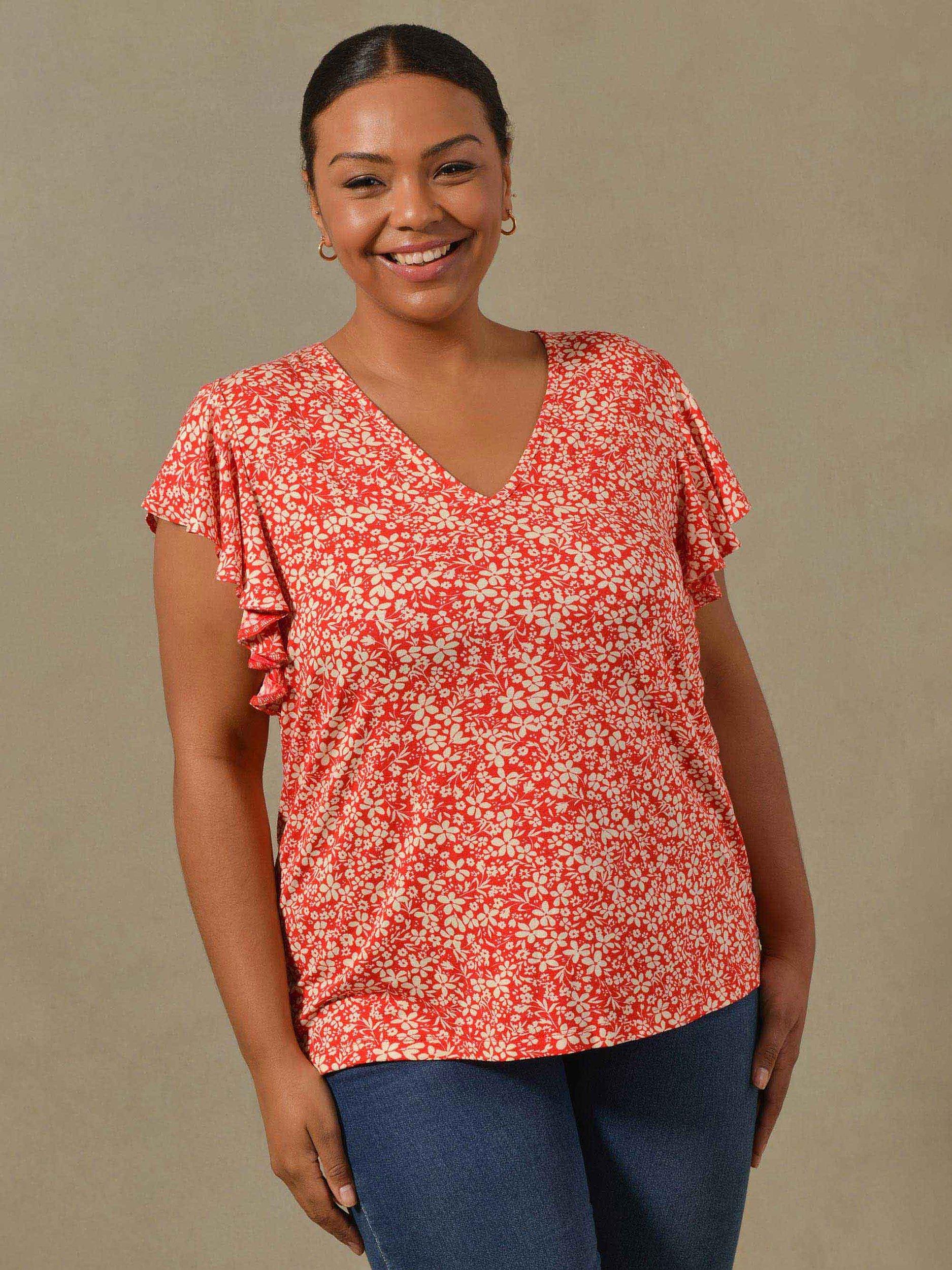 Live Unlimited Curve Ditsy Floral Print Frill Sleeve Jersey Top, Red