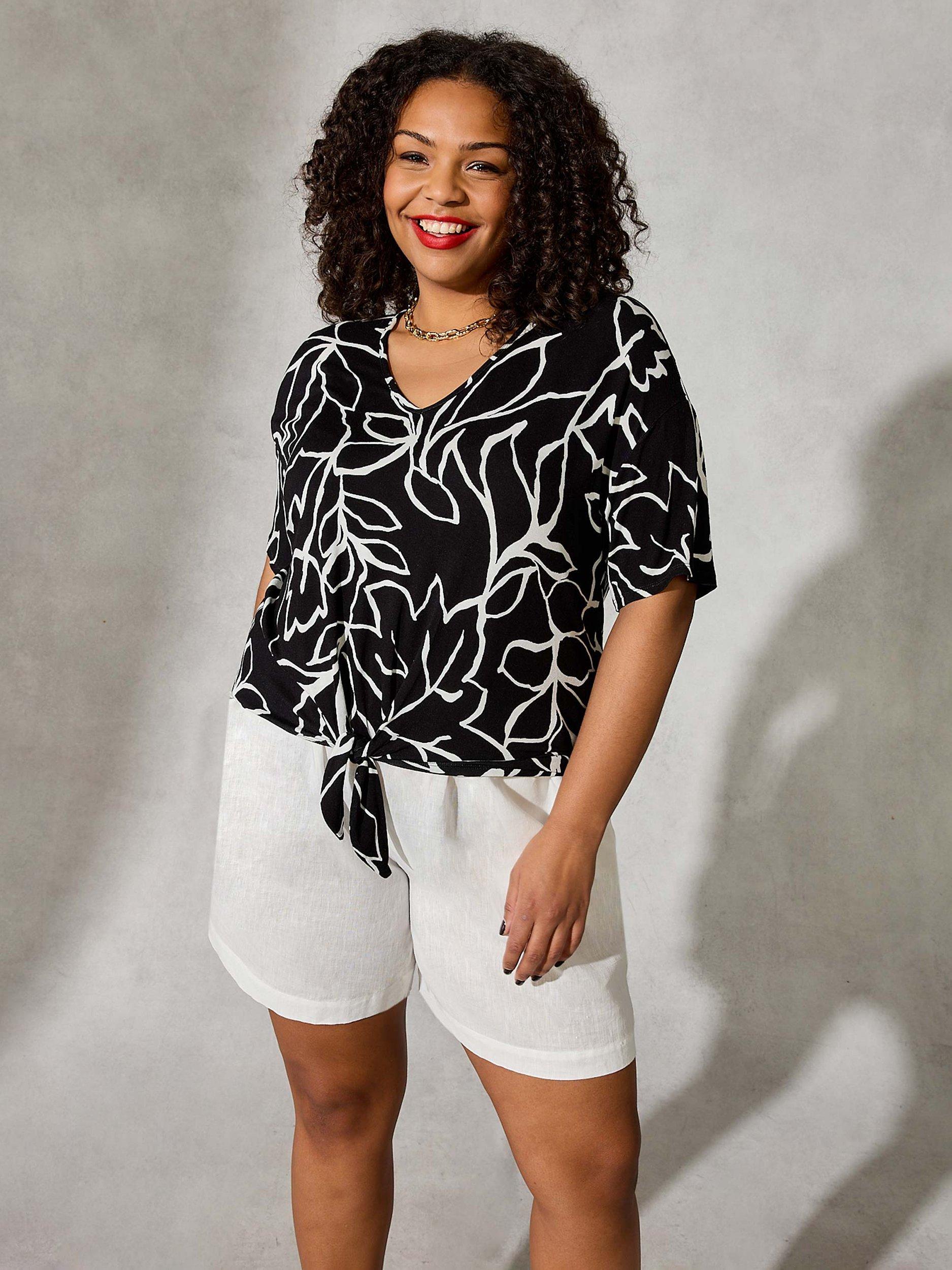 Live Unlimited Curve Linear Floral Tie Up Jersey T Shirt, Black