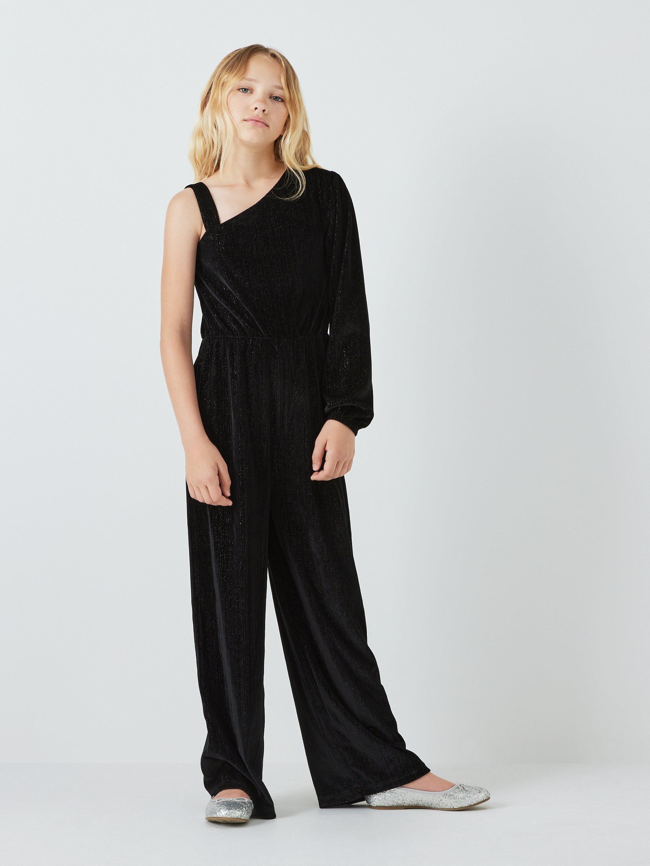 John Lewis Kids' Metallic Thread Velour Asymmetric Jumpsuit, Black
