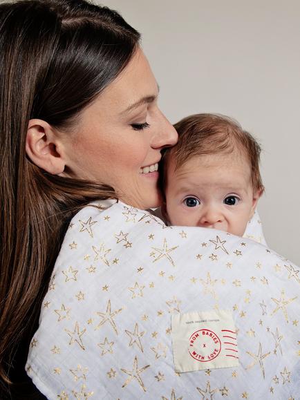 From Babies with Love Little Stars Organic Baby Swaddling Shawl, White/Gold - view 2, White/Gold