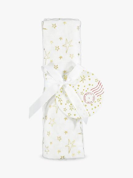 From Babies with Love Little Stars Organic Baby Swaddling Shawl, White/Gold, White/Gold