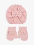 John Lewis Baby Bow Turban & Mitten Set, Pink